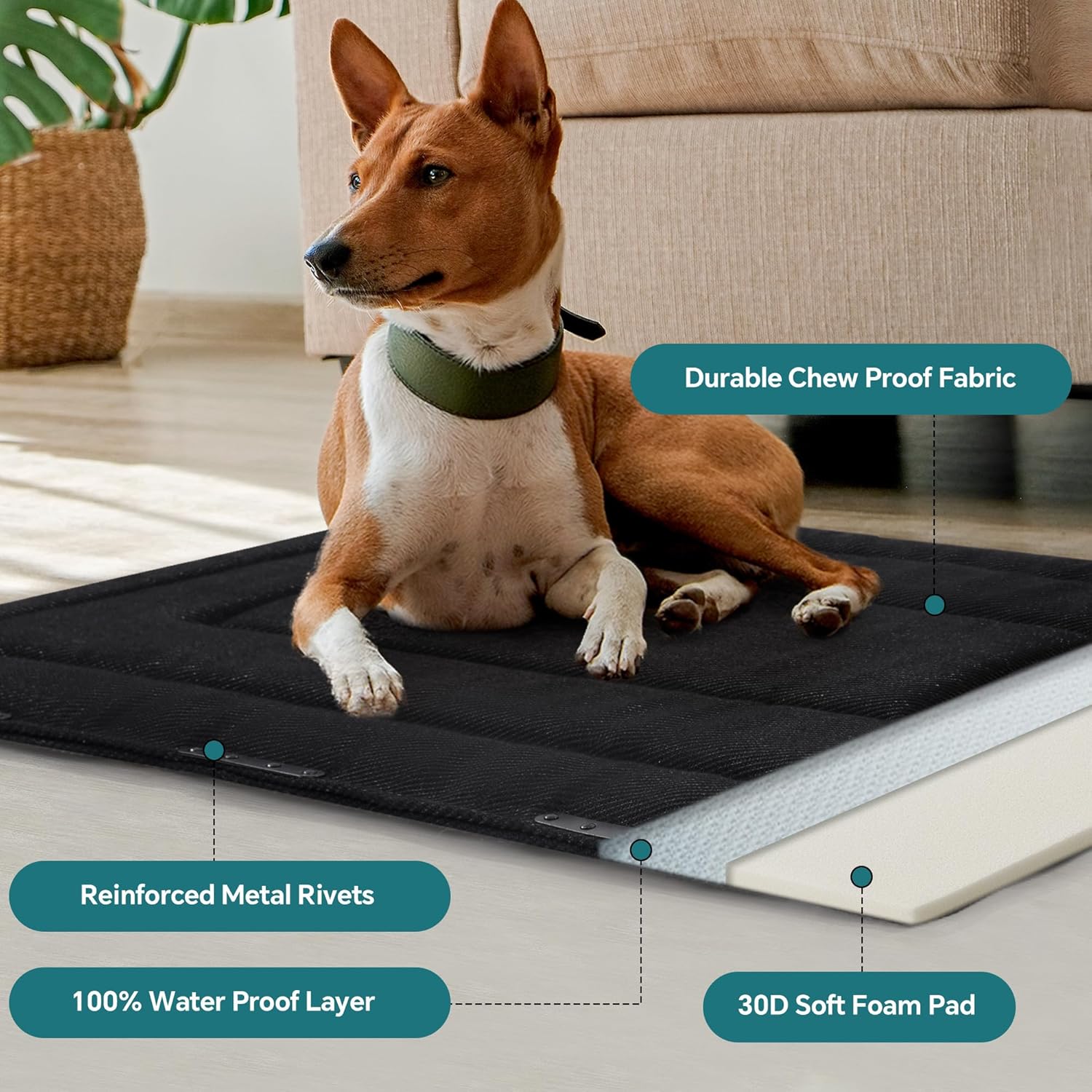 HOMBYS Chew Proof Foam Dog Bed 41"x28" with 14 Reinforced Metal Rivets, Indestructible Crate Pad for Large Dogs, Super Chew Resistant Fabric & Water Washable Kennel Mat, Black