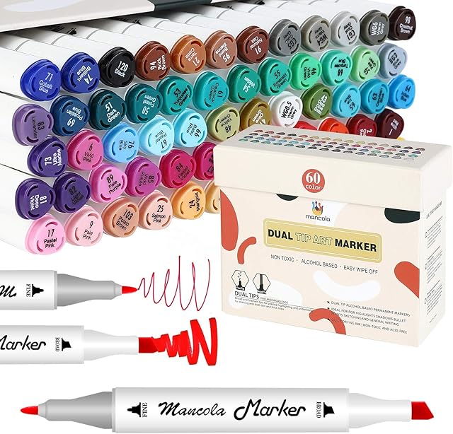 mancola Marker Pens 60 Colours Felt Tip Alcohol Markers with Dual Tips Permanent Colouring Pens for Adults Highlighting and Underlining MA-MK60