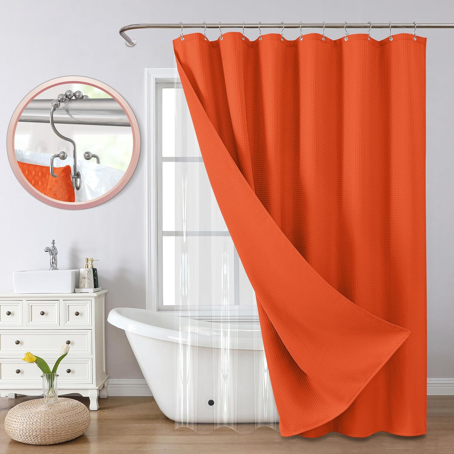 VANZAVANZU All-in-One Shower Curtain Set for Bathroom Enhanced 3D Waffle Fabric Shower Curtain with PEVA Waterproof Liner & 12 Upgraded Anti-Fall Hooks Heavy Duty Bath Tub Curtain 72"x72" (Orange)