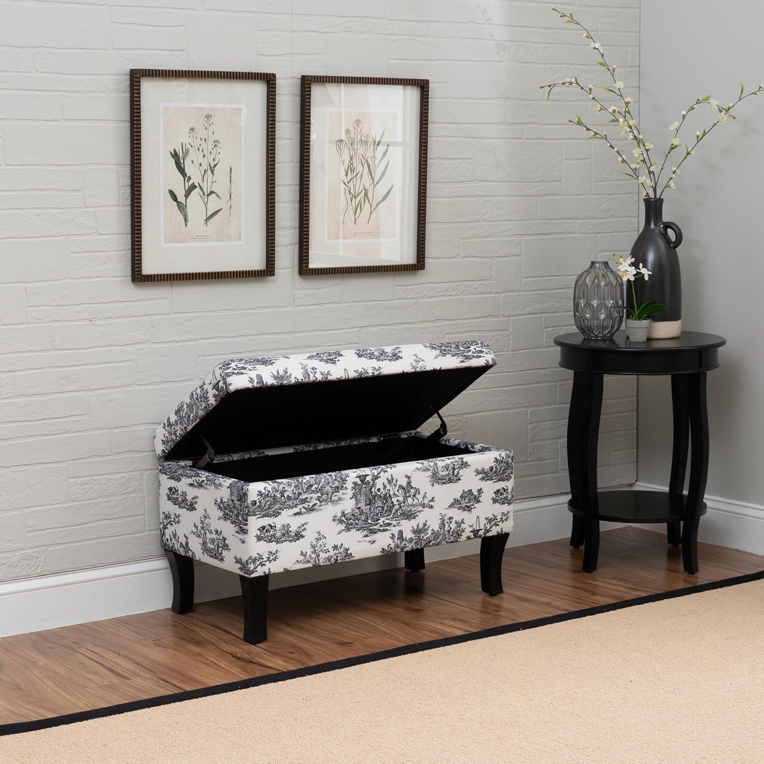 Linon Stephanie Black and White Toile Fully Upholstered Bench with Hidden Interior Storage