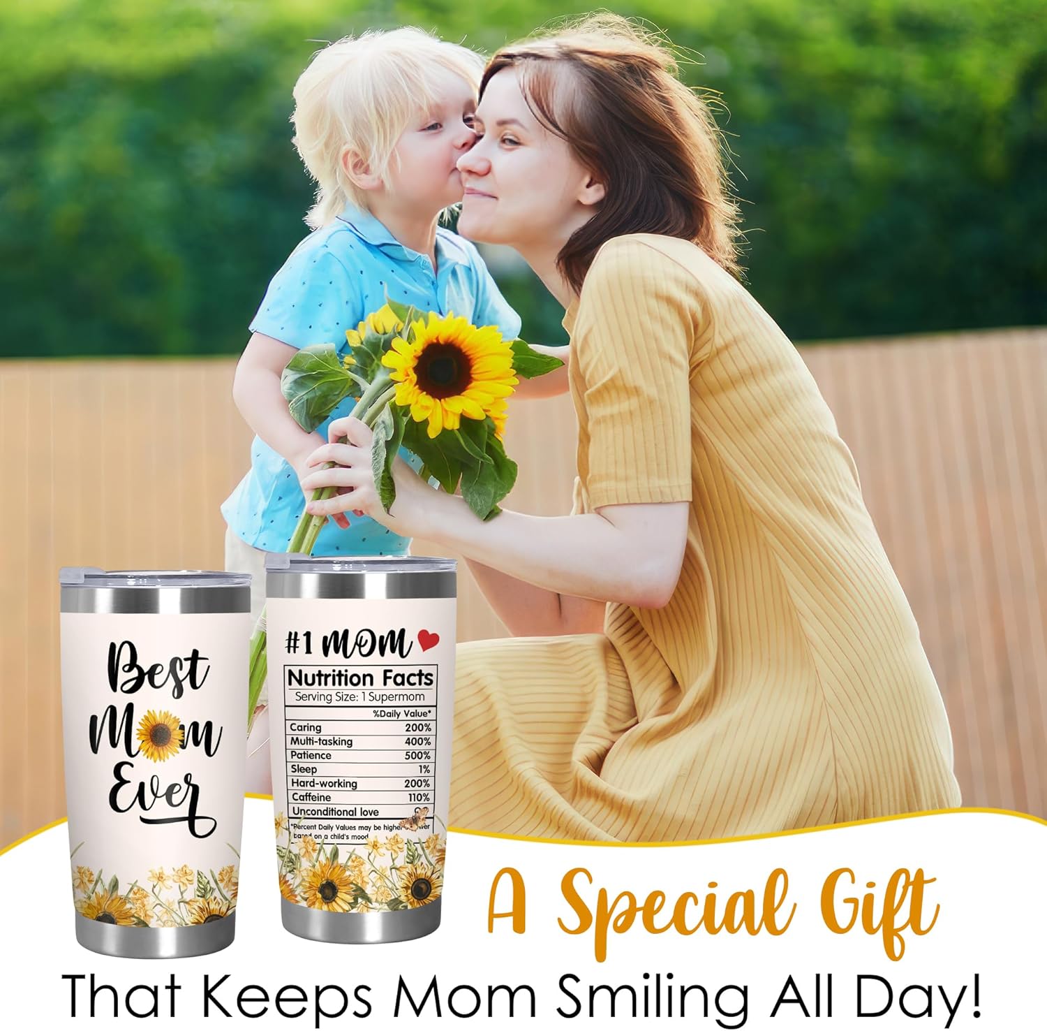 TEEZWONDER Birthday Gifts for Mom from Daughter Son - #1 Nutrition Facts Sunflower Stainless Steel Insulated Coffee Tumbler with Lid 20 oz - Mothers Birthday Gifts for Mama Grandma Women - Image 7