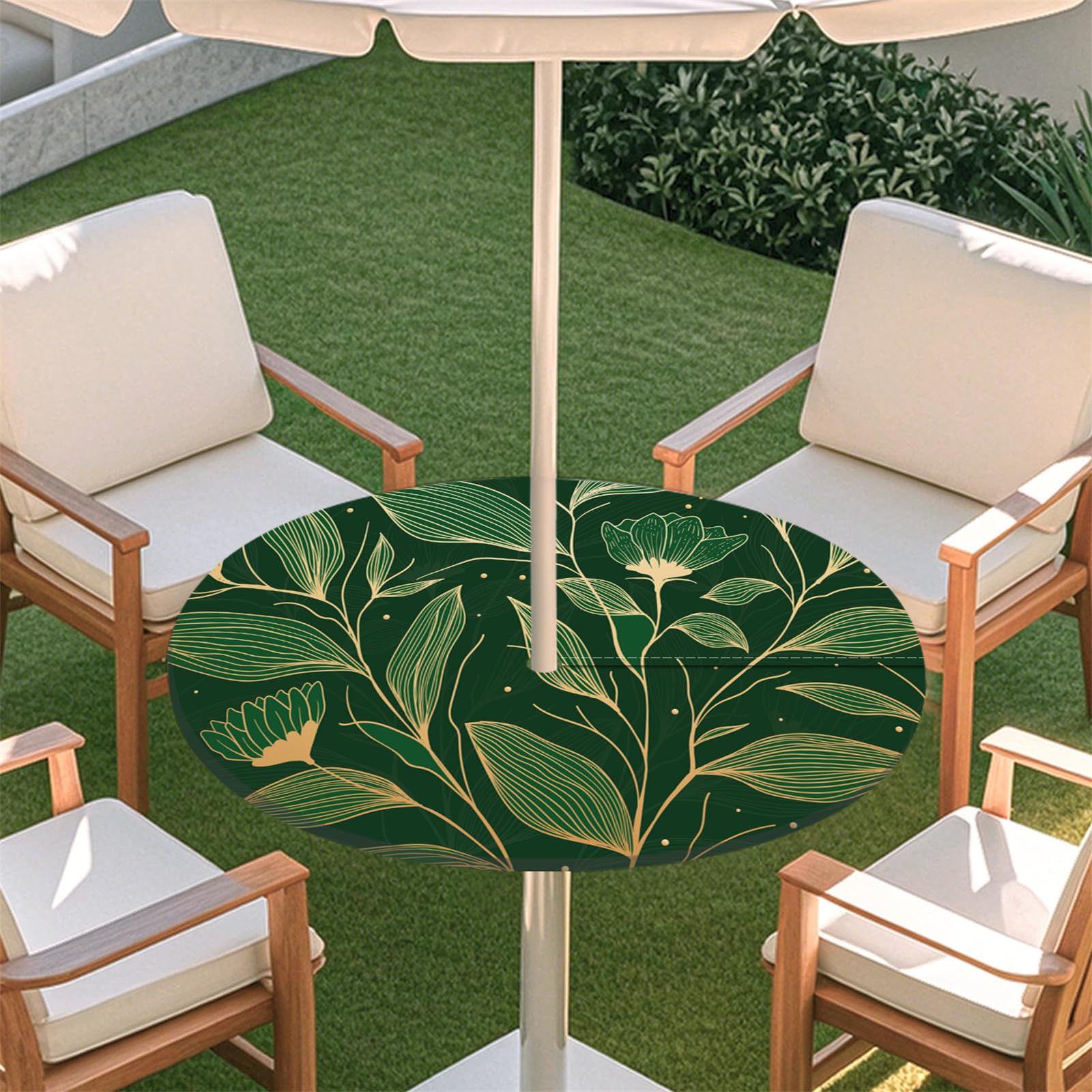 Fasbuy Outdoor Round Tablecloth with Parasol Hole and Zipper, Table Cloth Waterproof Antifouling, 3D Floral Pattern Table Cloth Wipe Clean, Elastic Edge Garden Tablecloths (Green,45-54inch)