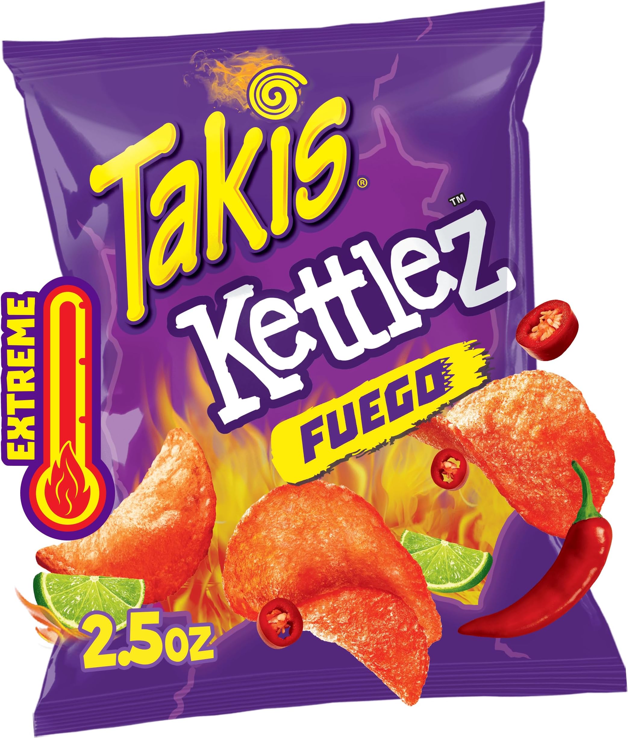 Takis Fuego Kettlez 6 pc / 2.5 oz Snack Size Case, Hot Chili Pepper & Lime Flavored Extreme Spicy Kettle-Cooked Potato Chips