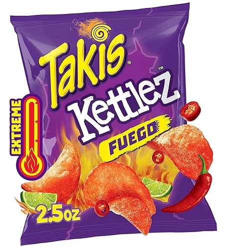 Takis Fuego Kettlez Patatas fritas de 2.5 onzas, aperitivo de chile picante extremo y sabor a lima