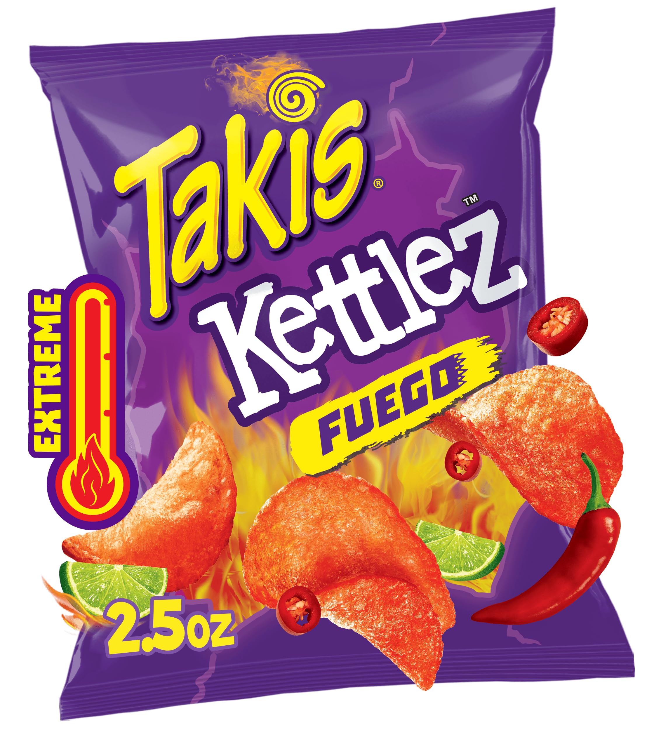 Takis Kettlez Fuego Spicy Potato Chips, Hot Chili Pepper Lime Flavored Hot Chips, Multipack 6 Individual Bags, 2.5 Ounces Each