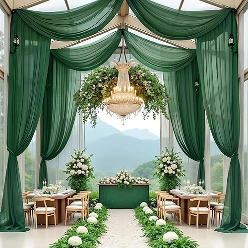 Miniatura 4 de Cortinas de techo para bodas, cortinas de techo verde oscuro, 2 paneles de 5 x 20 pies, tela de gasa transparente, cortinas de arco de boda