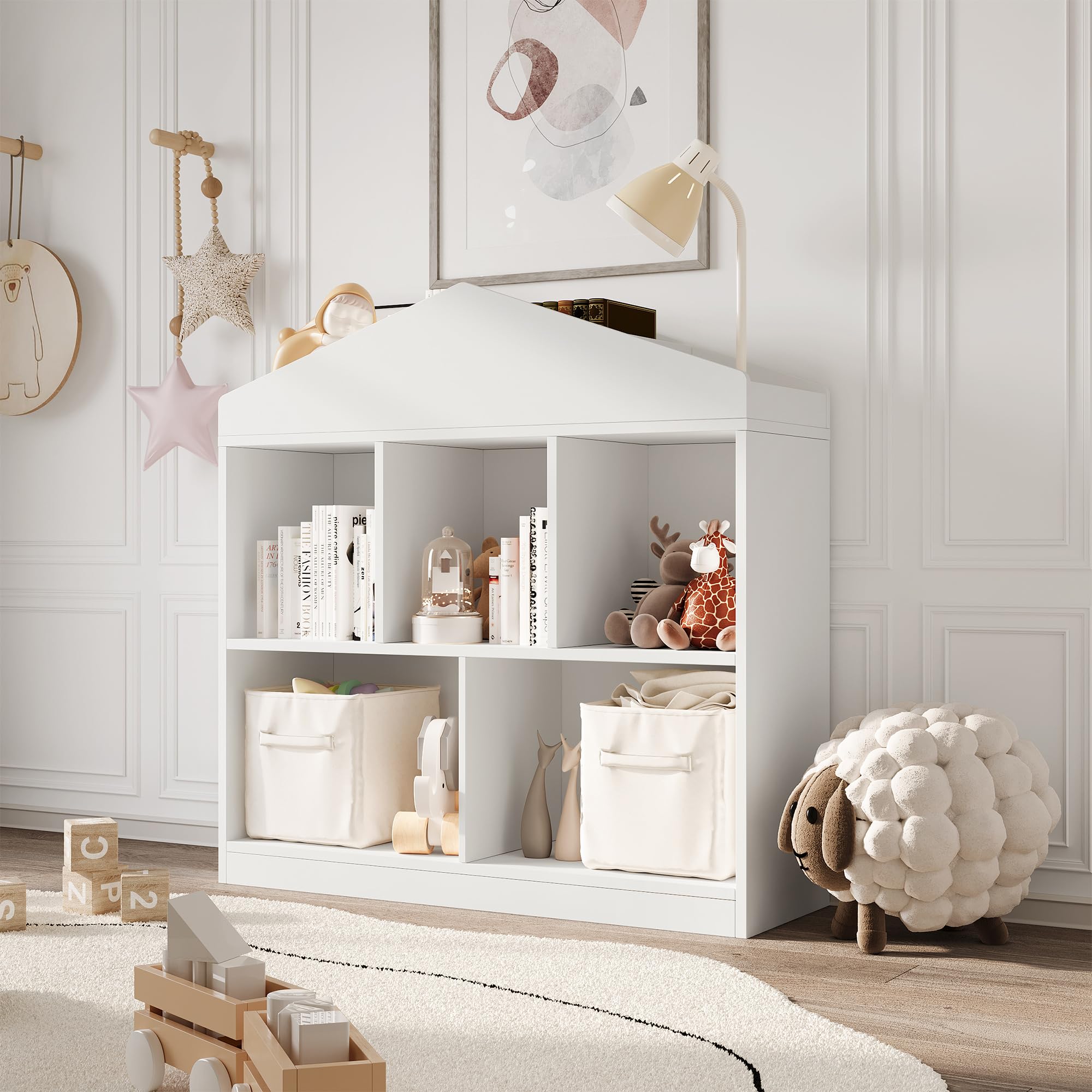 GarveeHome Estantería Infantil Blanca de Madera con 5 Compartimentos y Techo - Organizador Moderno para Libros y Juguetes Habitaciones Infantiles, aulas y Salas de Juegos - Blanco