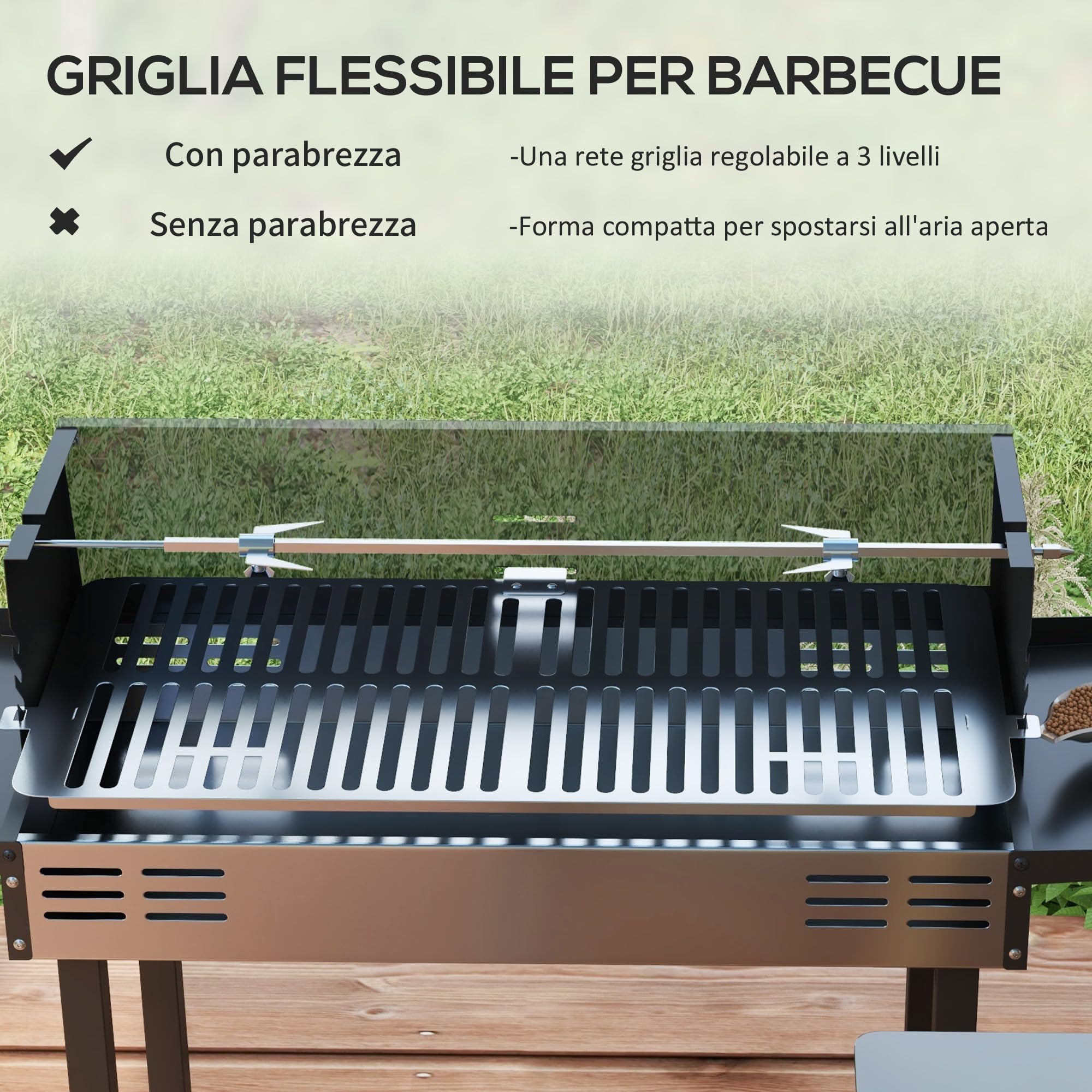 Outsunny Barbecue a Carbone 3 Livelli in Acciaio Inox con Mensole Pieghevoli e Girarrosto, 118x32x90 cm, Nero