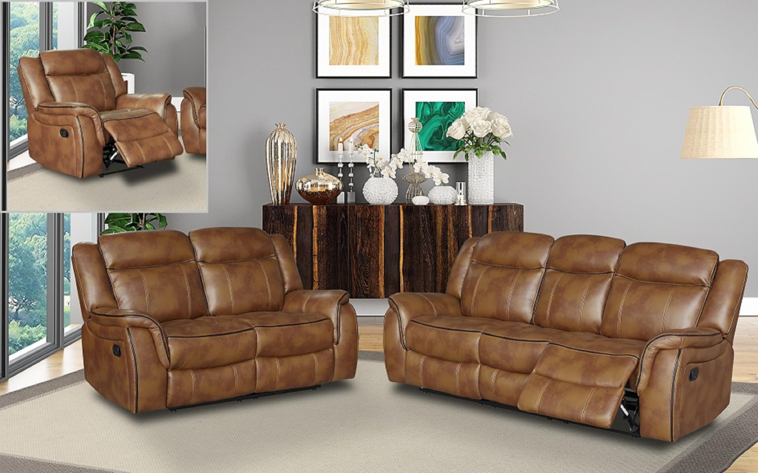 – SC Furniture Ltd Tan Brown High Grade Leather Gel Fully Reclining 3 Seater + 2 Seater + Armchair Sofa Suite CLIFTON (3+2+1)