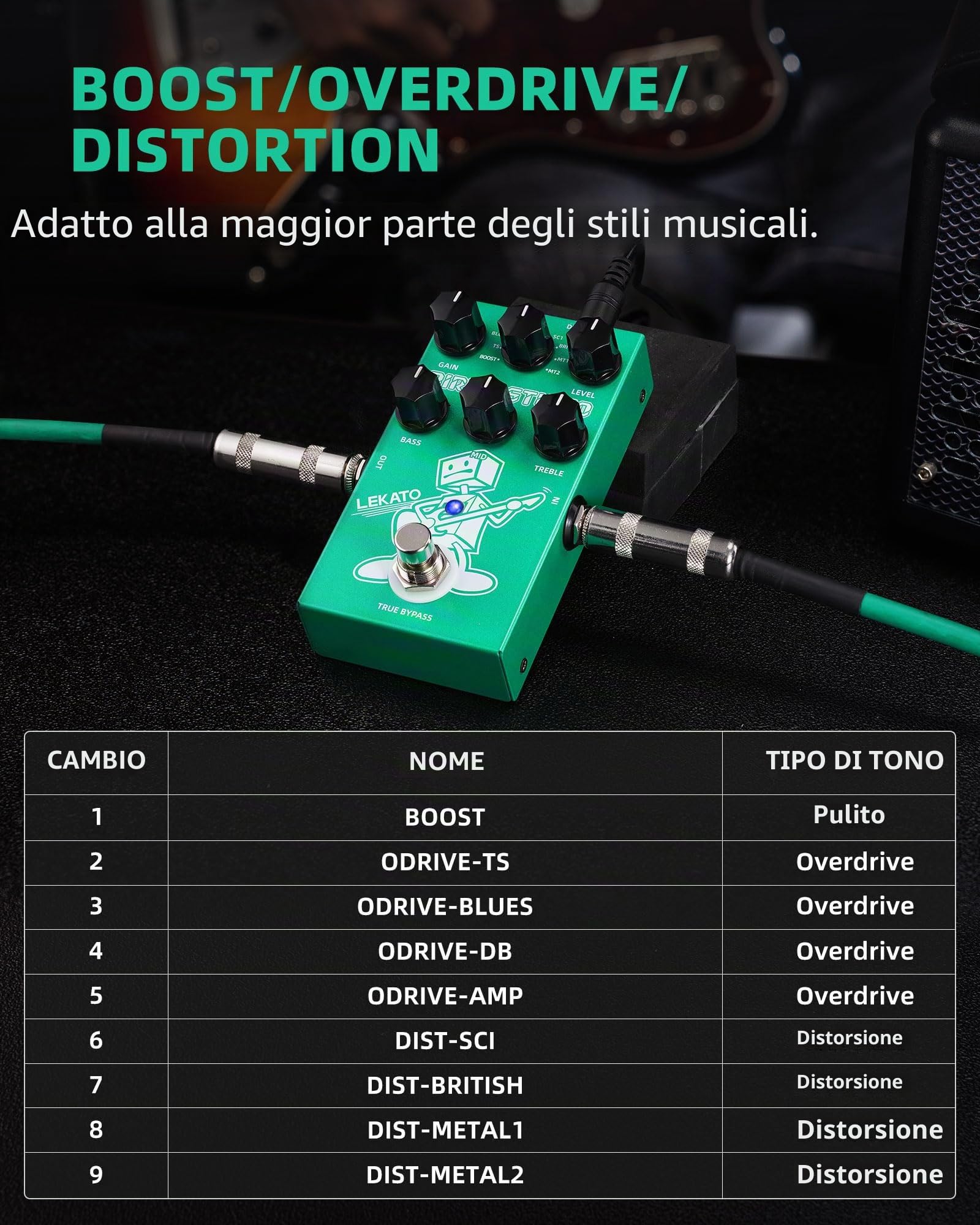 Pedale Distorsione Overdrive LEKATO Da Boost a Dist, Pedale effetto overdrive per chitarra con equalizzatore a 3 bande per chitarra elettrica