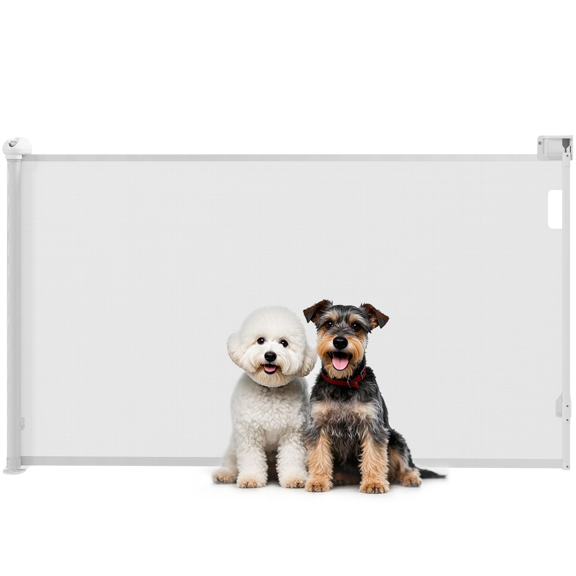 PawHut Barrière de sécurité Chien rétractable, Largeur 149 cm, Filet de Protection Extensible, barrière d'escalier et de Portes pour Chien Verrouillage Automatique, Blanc