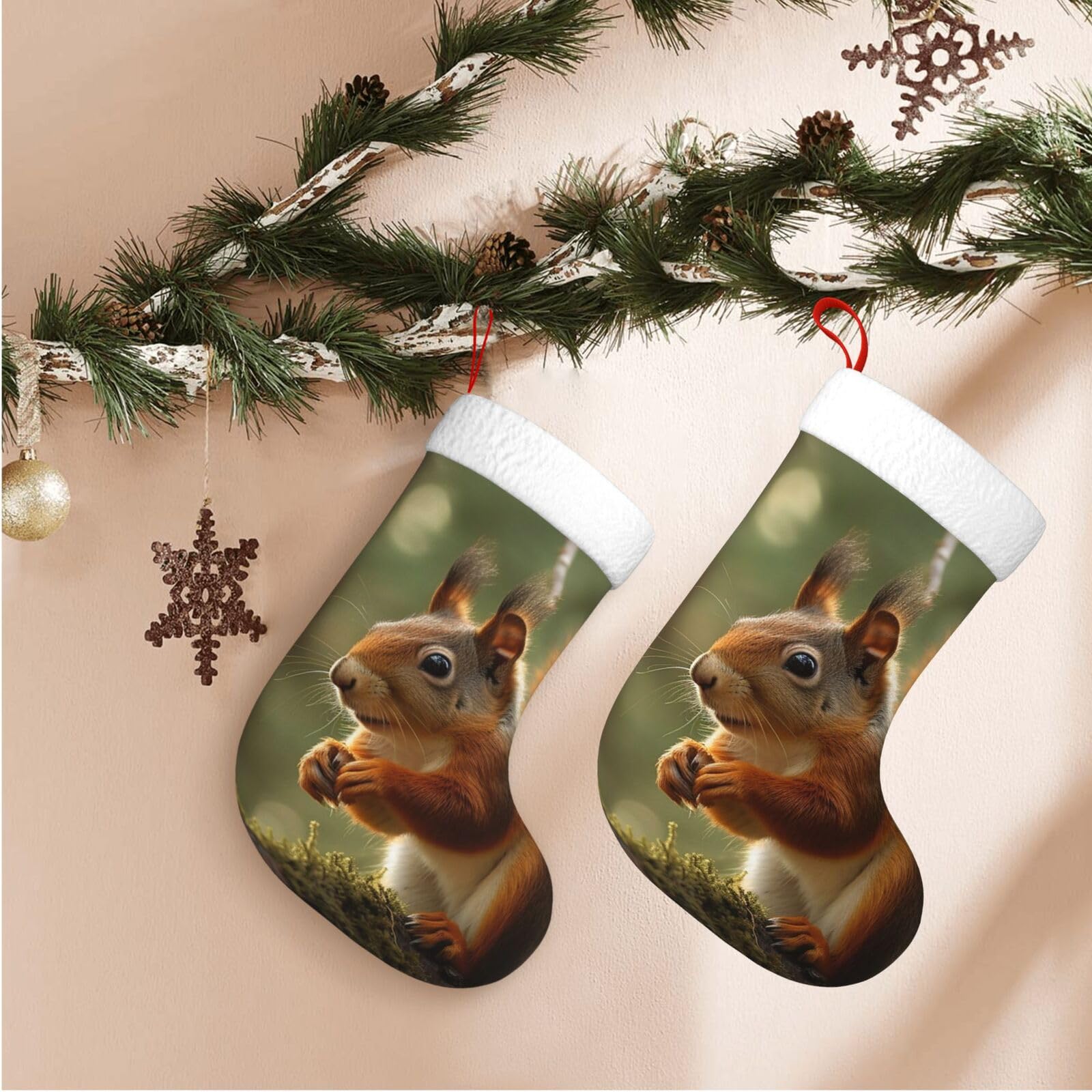 17.7" Christmas Stocking 1 Piece, Wildlife Forest Squirrel Xmas Stockings with White Plush Cuff Fireplace Hanging Stocking for Christmas Holiday Party Decoration