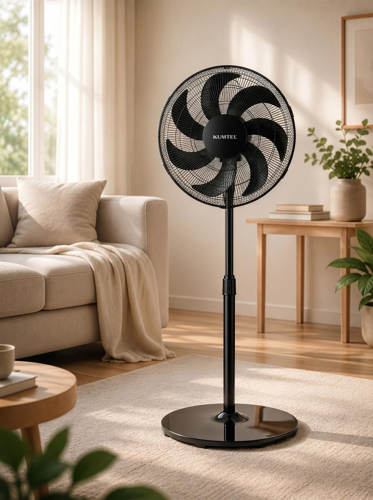 Opviq Kumtel Ventilateur Puissant Noir 50W 130cm Réglable en Hauteur 7 Pales 3 Vitesses Silencieux Moteur en Cuivre Efficace