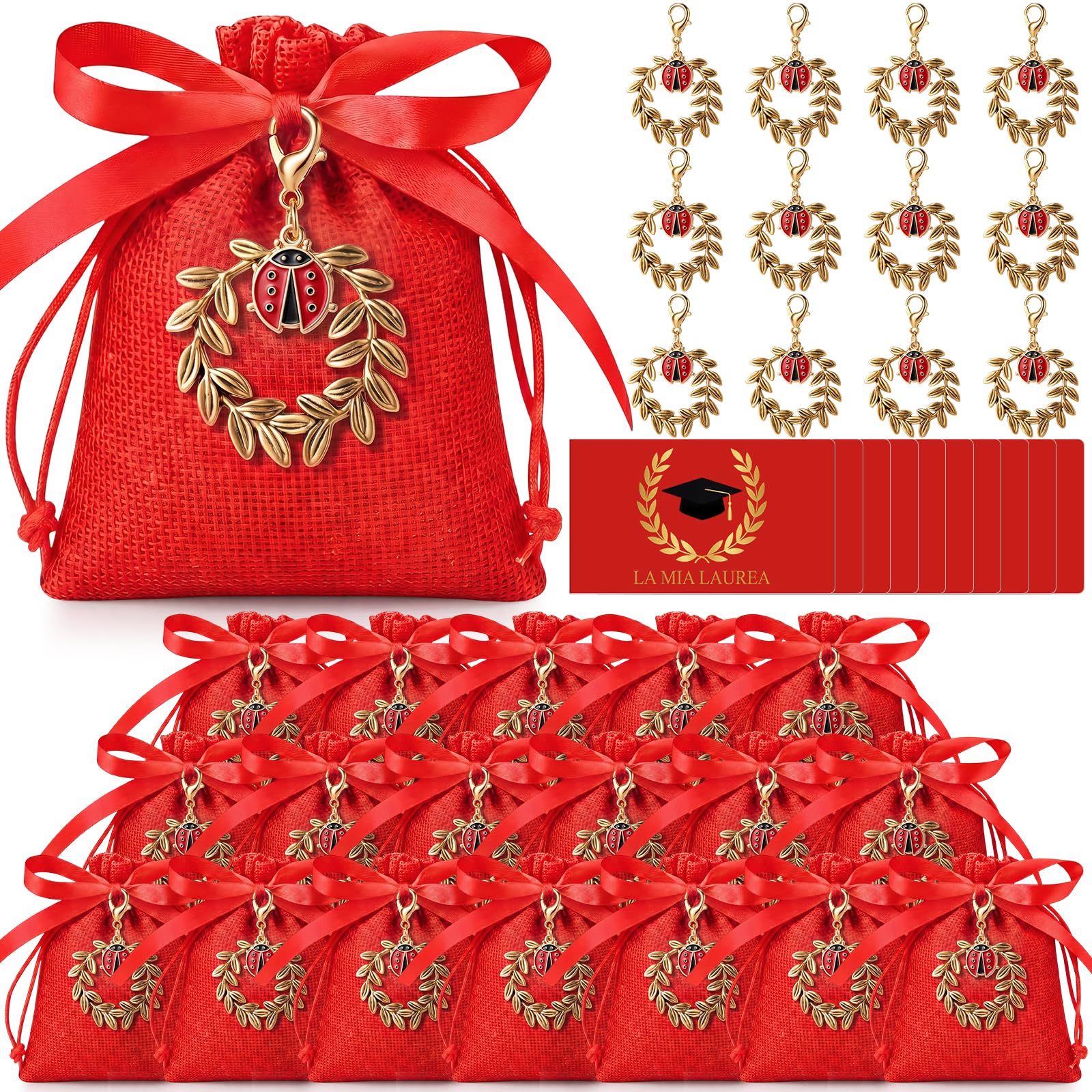 BBTO 36 Sets Bomboniere Laurea Sacchetti Portaconfetti Ciondolo di Corona d'Alloro Coccinella Biglietti e Nastro Rosso Sacchetti Confetti Regalo di Laurea Festa Cerimonia Fai da te(Coccinella)