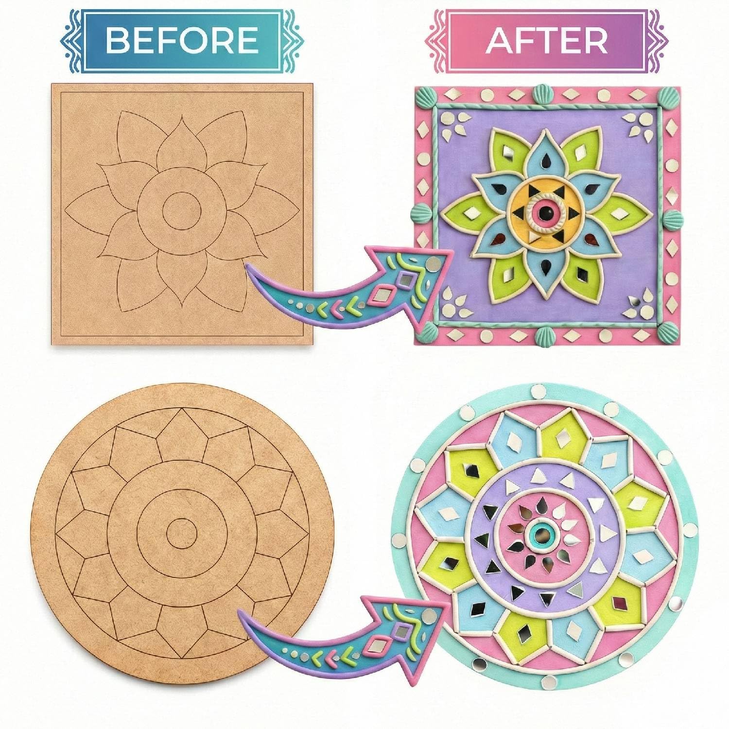 ImagiVibe DIY Mini Lippan Art Kit for Kids & Adults | 2 Pre-Marked 6 Inch MDF Boards | Indian Folk Art Painting Kit with Clay, Mirrors & Pastel Tempera Colours | Creative Art & Craft Kit for Gifting, Artists, Children, Students, Beginners (6inch) 2