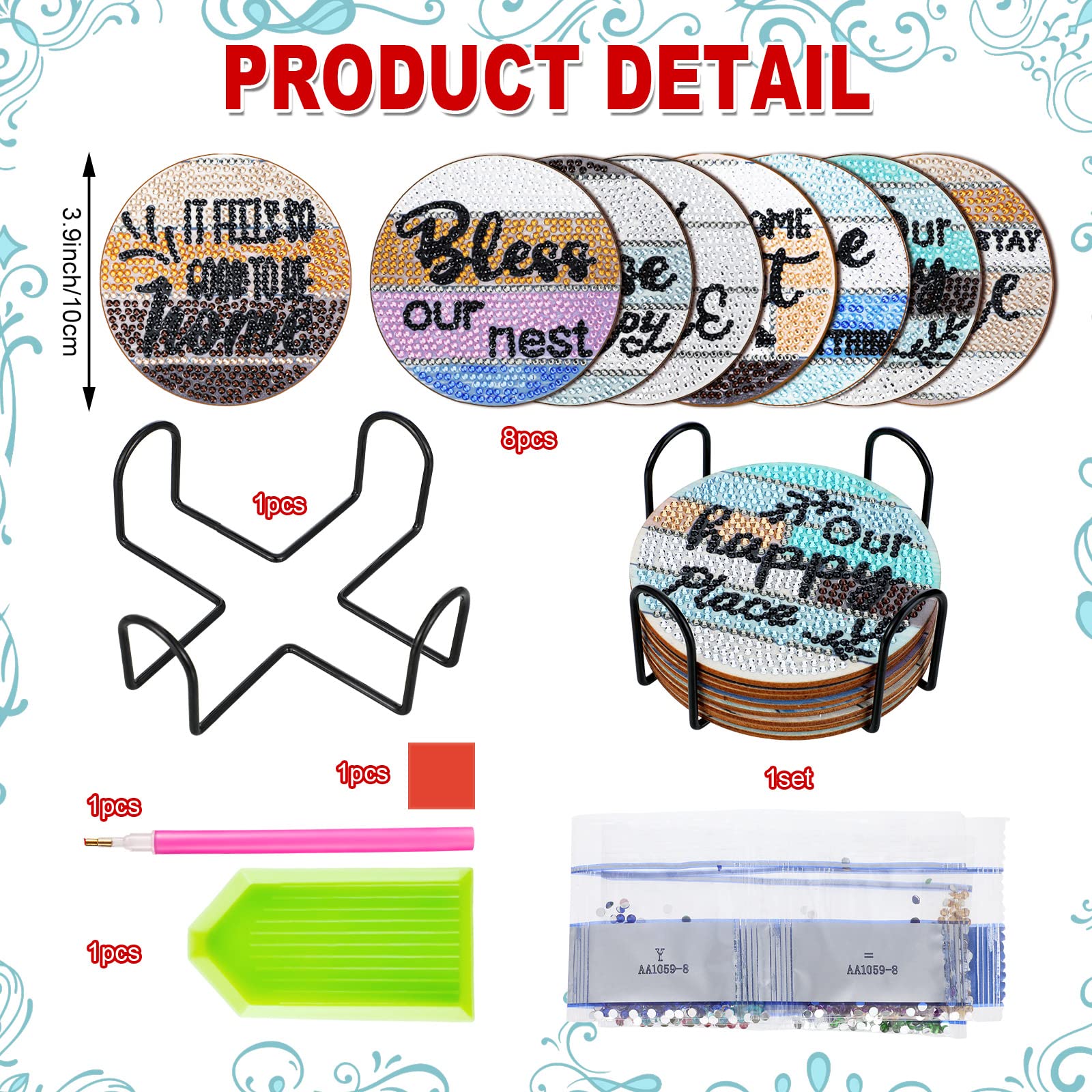 Vesici 8 Pcs Diamond Art Coasters with Holder Farmhouse Diamond Painting Coasters DIY Art Kits for Adults Beginner Gift