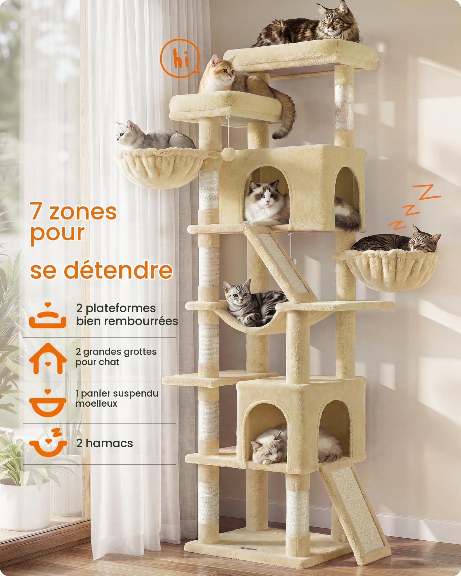 Feandrea Arbre à Chat XXL, Tour d'Activités en Sisal, 7 Zones de Repos avec Griffoir, 55 x 45 x 205 cm, Beige, pour Multi-Chats, Collection Clawfy PCT021Y101