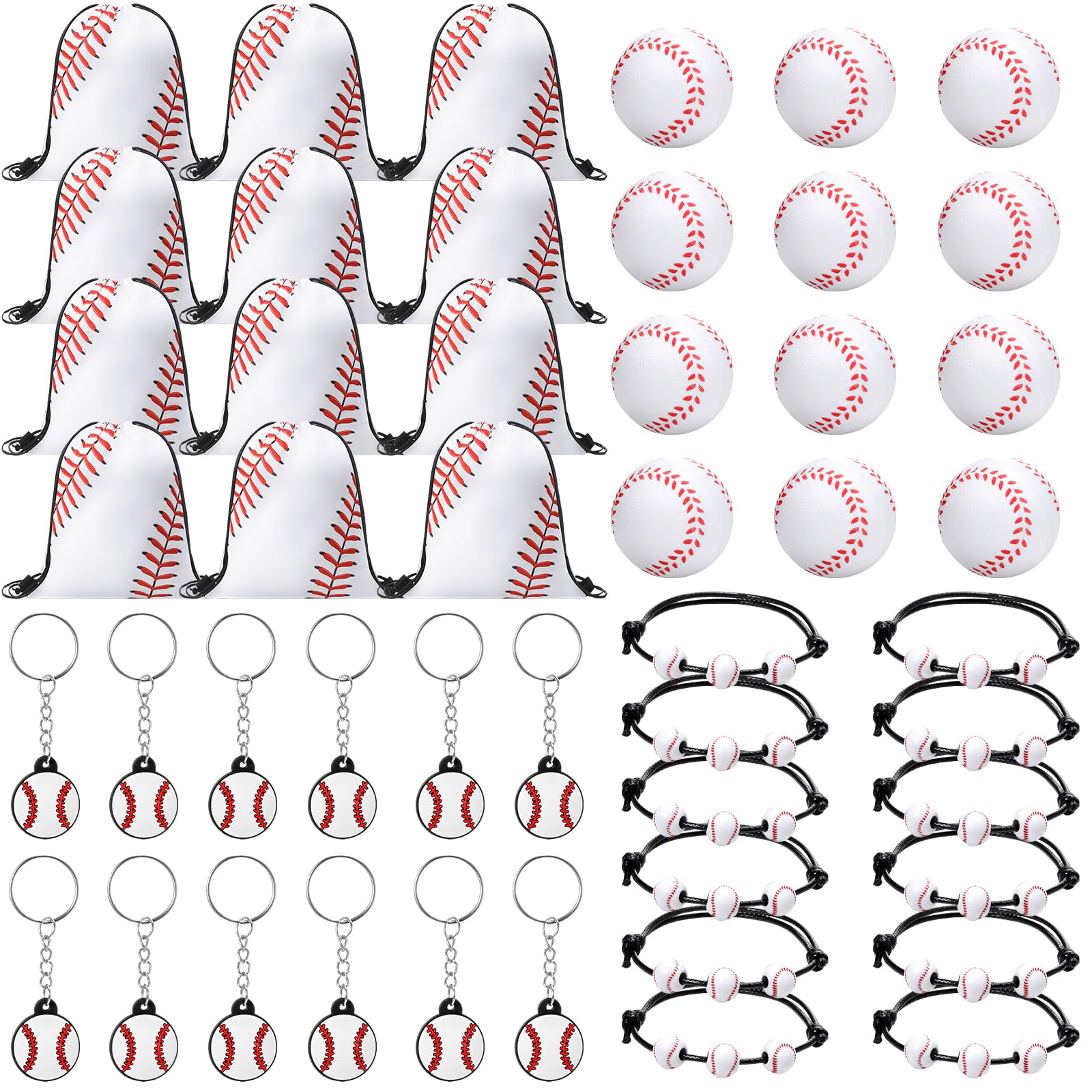 Photo 1 of Poen 48 Pcs Baseball Party Favors Include 12 Drawstring Backpack 12 Mini Baseball 12 Keychain 12 Wax Thread Braided Bracelet Inspirational Team Gift