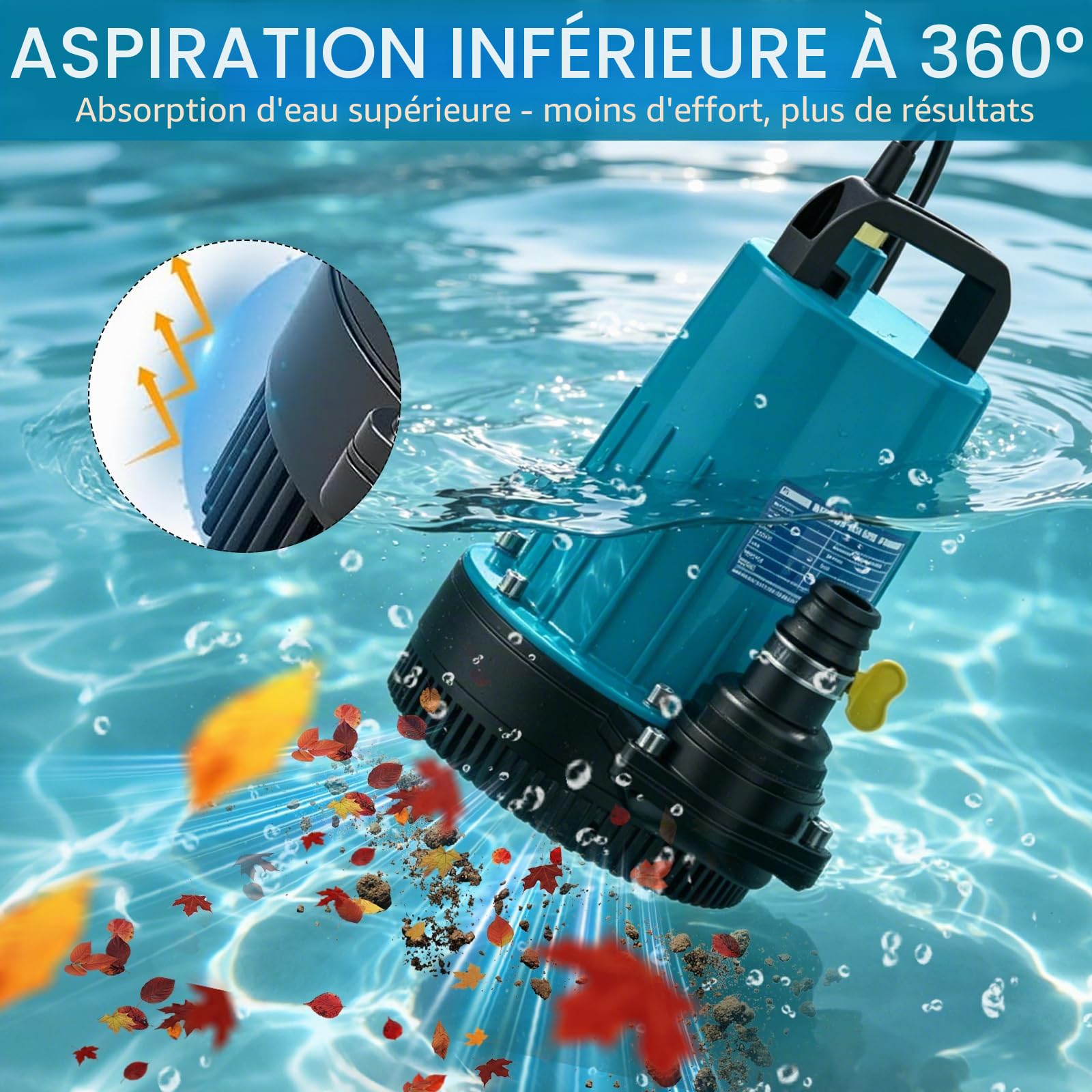 Pompe Submersible, 11000 L/H Pompe à eau Sans fil avec Câble de Connexion de 5m, Batterie 21V et Chargeur,Hauteur de Refoulement Max.12m, Idéal pour Piscine, Lit à eau, Arrosage du Jardin