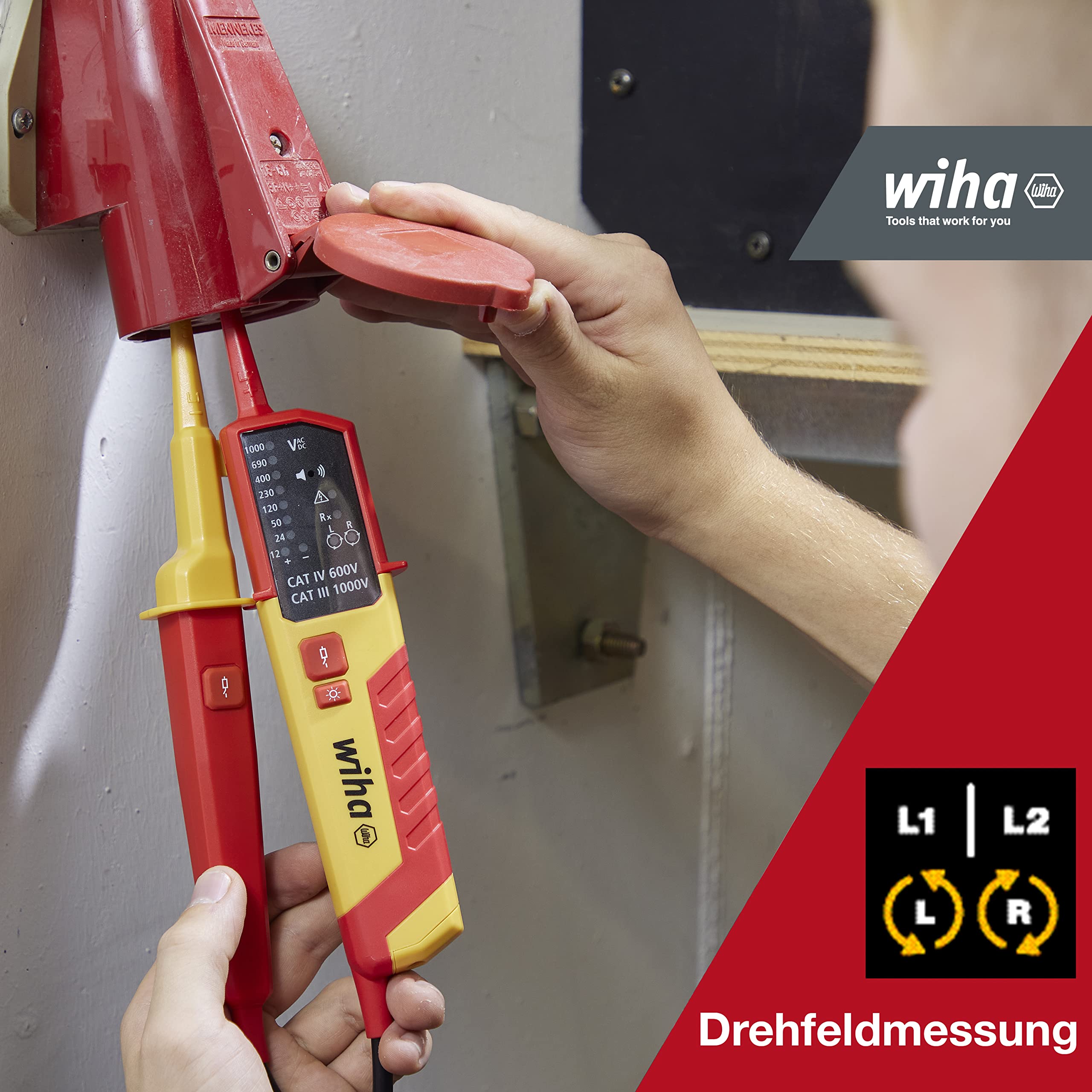 Wiha Tester di tensione e continuità 1500 V, CAT IV con 2 batterie AAA, indicatore LED, test con una sola mano (45216), rosso/giallo | (45216) CAT IV incl. 2 batterie AAA I display LED I tester di tensione bipolare I strumento di misura elettrotecnico