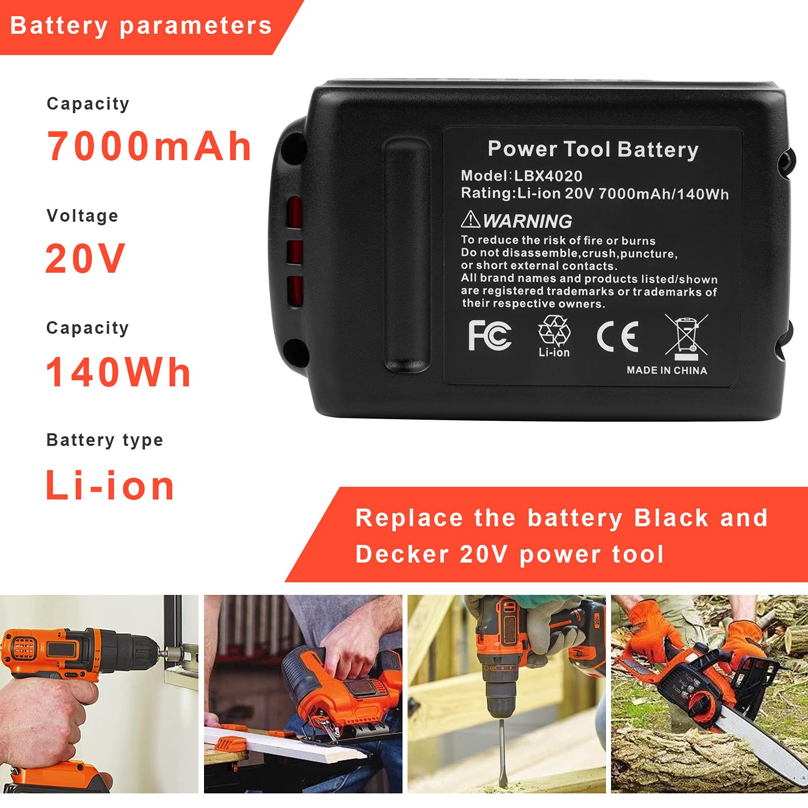LBX4020 20V 7000mAh Battery Packs Compatible with Black&Decker 20V LBXR20 LBXR20B LBXR20-OPE LBXR2020 LBXR20 LB20 LBX20 LB2X4020 Cordless Power Tools