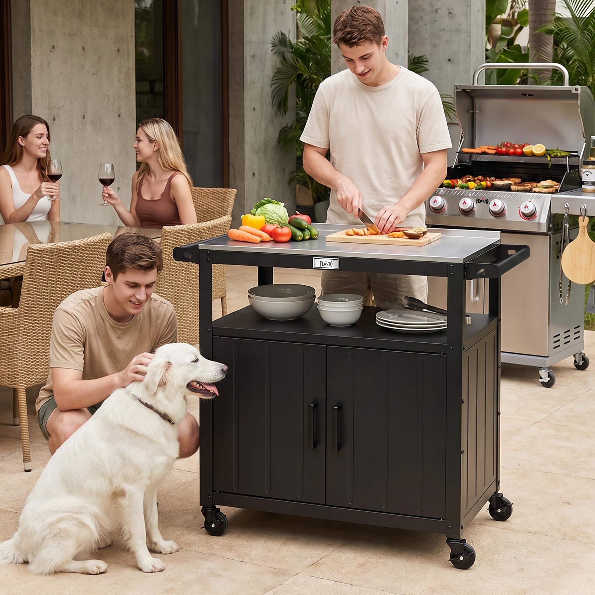 Outdoor-Grillwagen mit Edelstahl-Tischplatte und Aufbewahrungsschrank, bewegliche Kücheninsel mit Rädern für BBQ-Lebensmittelzubereitung, Schwarz | Bewegliche Kücheninsel mit Rädern, BBQ Food Prep
