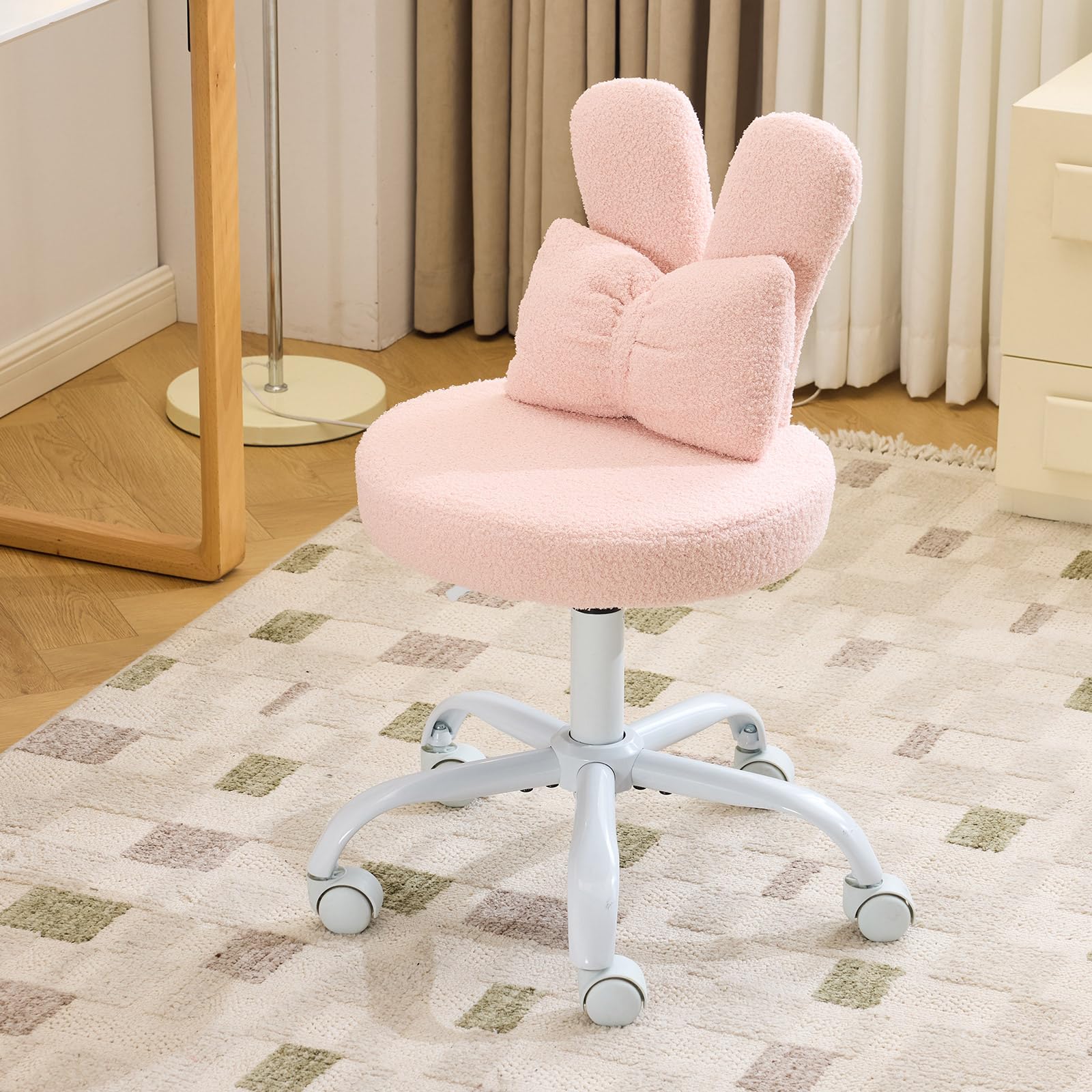 LEADZM Silla giratoria de oficina, silla de oficina infantil, rosa | con cojín lumbar tejido aterciopelado, ajustable en altura, silla de dormitorio
