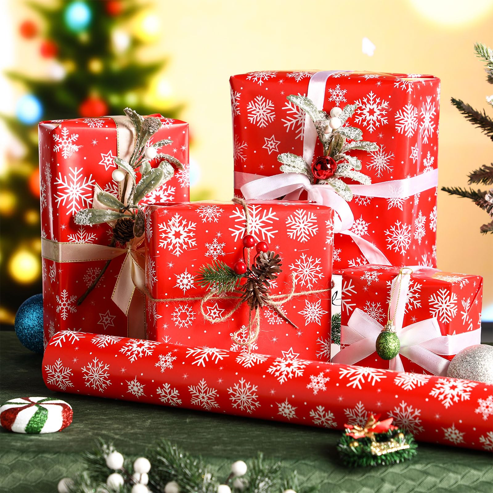 AmazingSpark Umkehrbares Weihnachts-Geschenkpapier, Jumbo-Rolle, weiße Schneeflocke, Rot, Geschenk-Set für Weihnachtszeit, Partygeschenk (68 cm x 25 m, Schneeflocken)