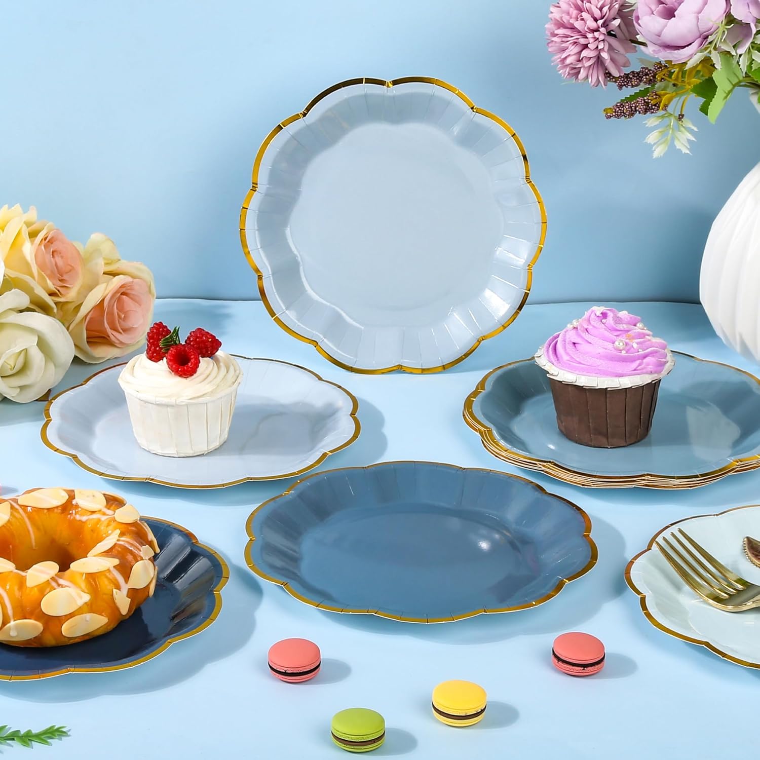 48 Pcs Dusty Blue Scalloped Party Plates - 7 Inch Gradient Blue Dessert Paper Plates with Gold Foil Disposable Cake Plate Decorative Dinner Serving Plate for Baby Shower Wedding Bridal Shower - Image 5