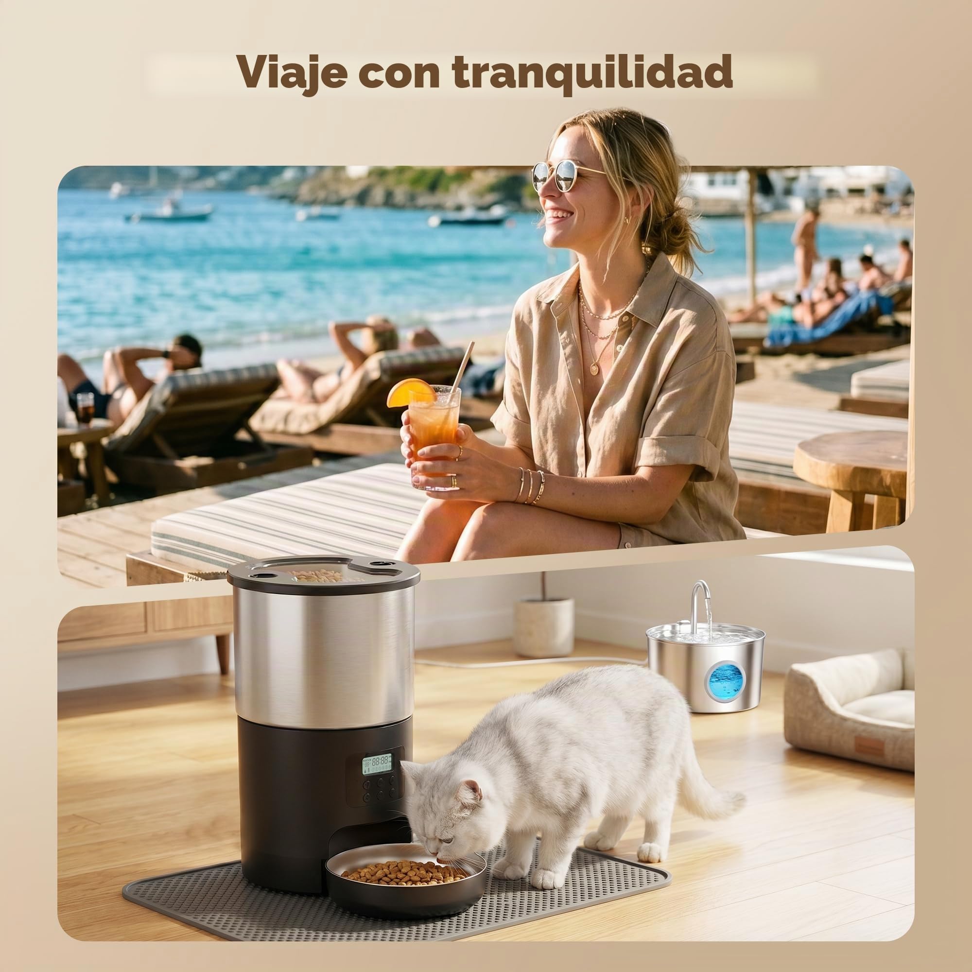 Fuente para Gatos y Comedero Gato Automatico: Acero Inoxidable Bebedero Gatos y Dispensador Comida Gato con Programable Temporizador 4 Comida al Día - 2.2L Dispensador Agua y 5L Alimentador Perro