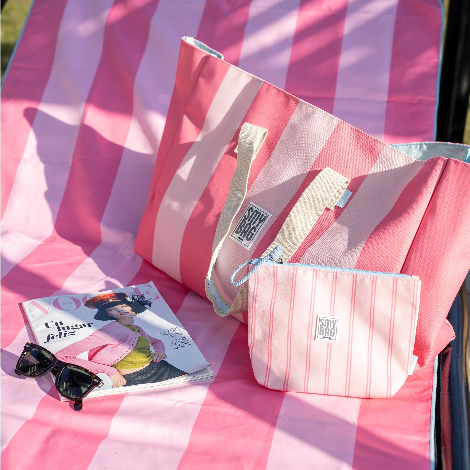 Ponette - Bolsa de Playa Familiar XXL de Rayas Anchas con Asas a Contraste, Forro, Bolsillo, Cintas para Cierre, Playa, Piscina, Tote, Marca Española
