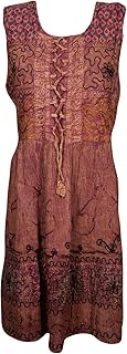 Mogul Interior Womens Beach Dress Embroidered Sleeveless Boho Fit Flare Sundress M Brown