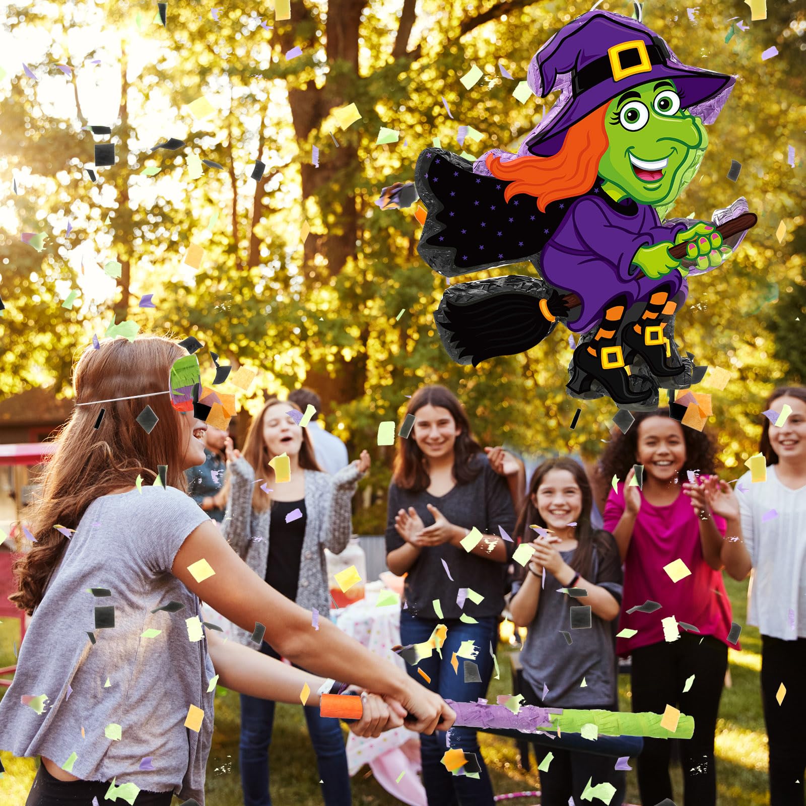 Aoriher Piñata de Bruja de Halloween Decorativa con Palo Vendar de Ojos y Confeti Piñata Rellena de Dulces para Halloween Fiesta Cumpleaños Mexicana Suministros Juego