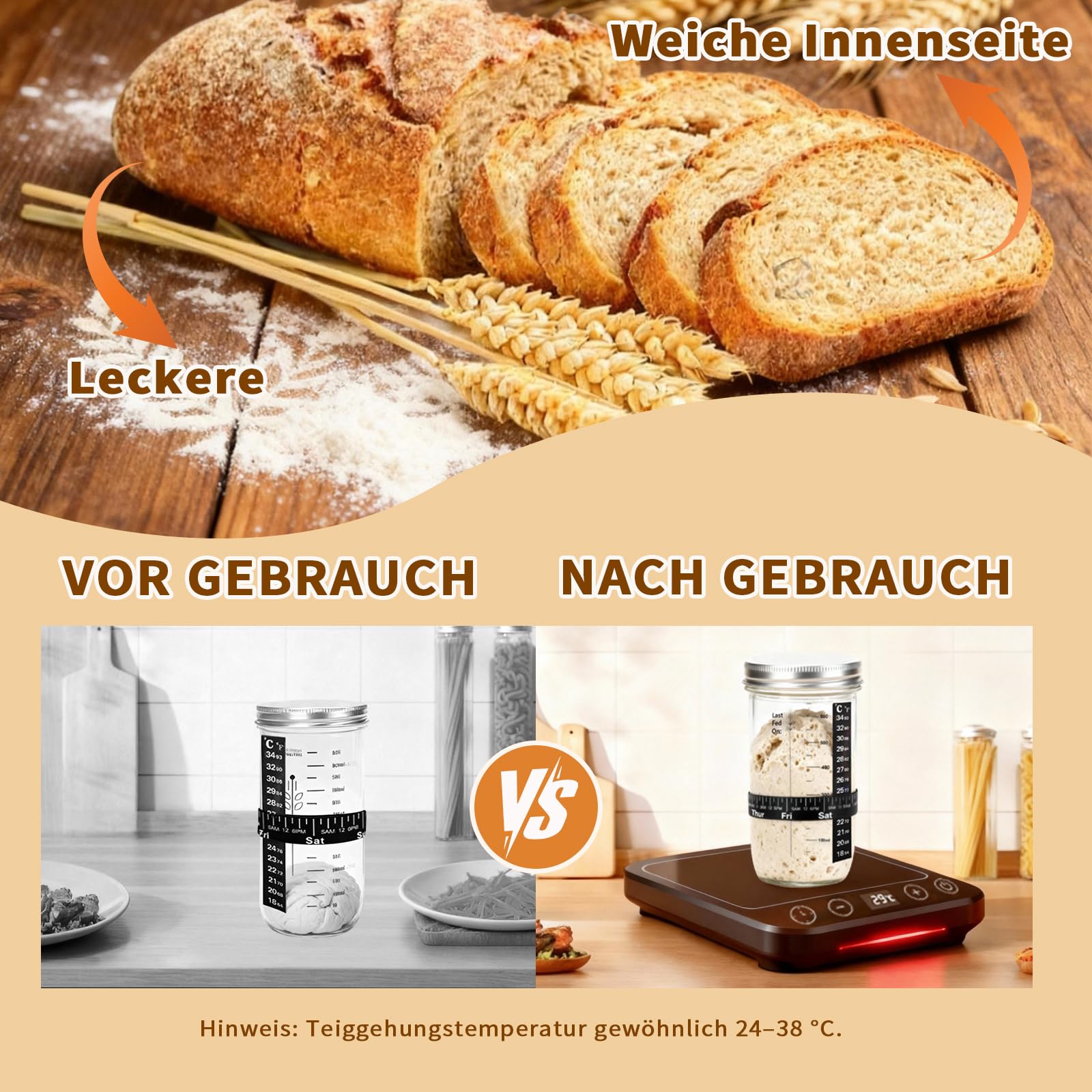 Daity Sauerteig Starter Set, 13-teilig Brot Backen Zubehör,Sauerteig Wärme, 28cm Klappbare Brot Gärkorb Oval und 25cm Klappbare Brot Gärkorb rund,für Anfänger und Professionelle Bäcke