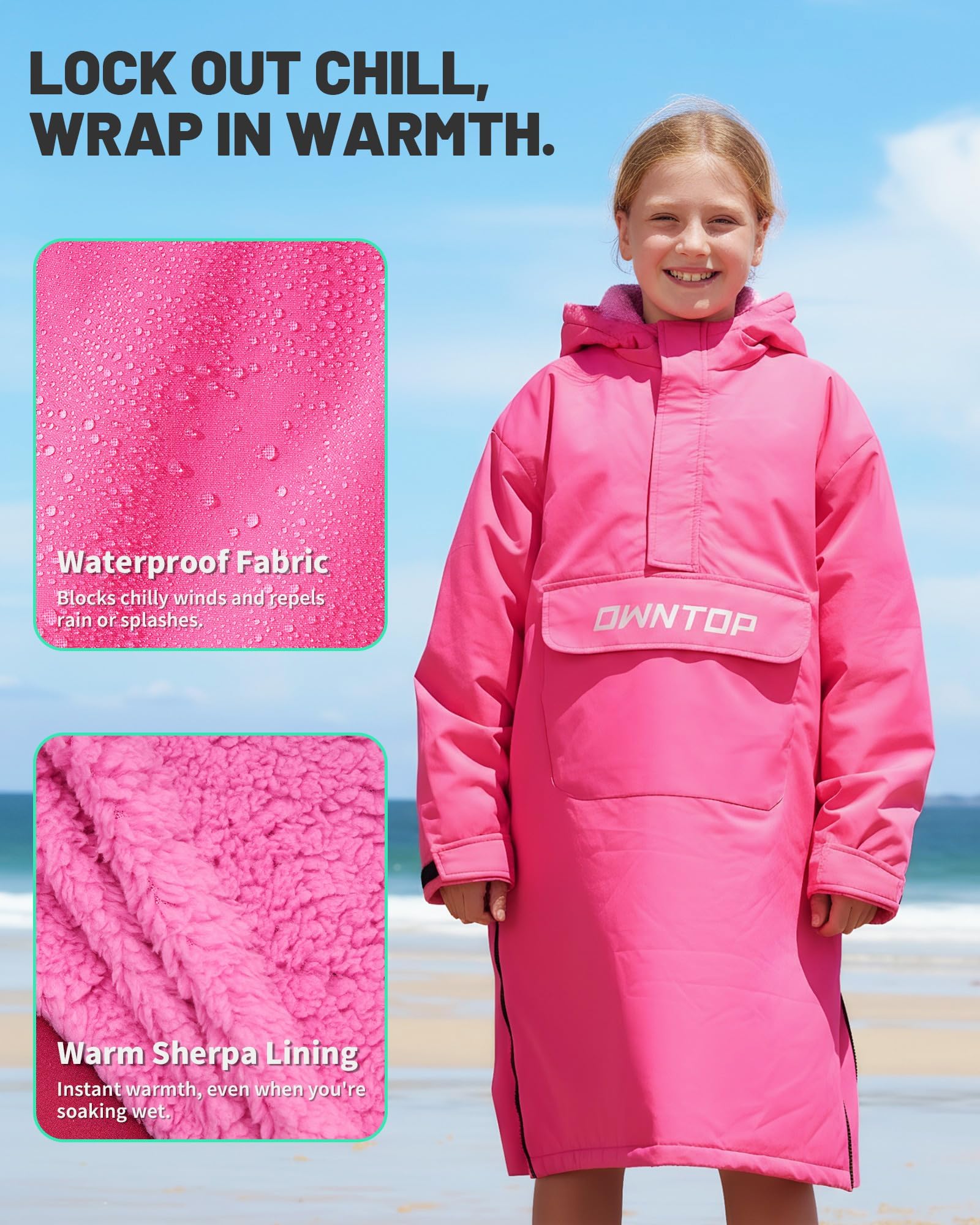 Owntop Wickelmantel für Erwachsene Kinder – Wasserdichter Halbzipfel-Kapuzenmantel mit Sherpa-Fleece-Futter | Winddichte Langarm Trockenmantel | Übergroßer Wärmemantel für Schwimmen Surfen Strand