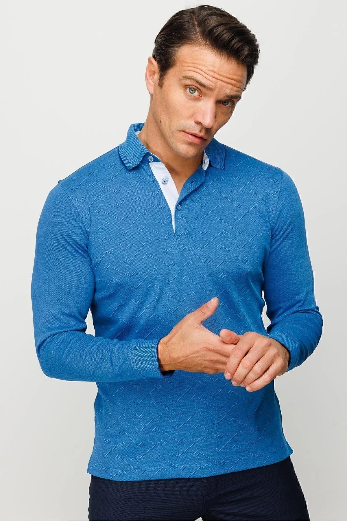 DESEN TRİKO Erkek Polo Yaka Desenli Uzun Kollu Sweatshirt Saks Beden;S,Renk;Saks dsnNM9463
