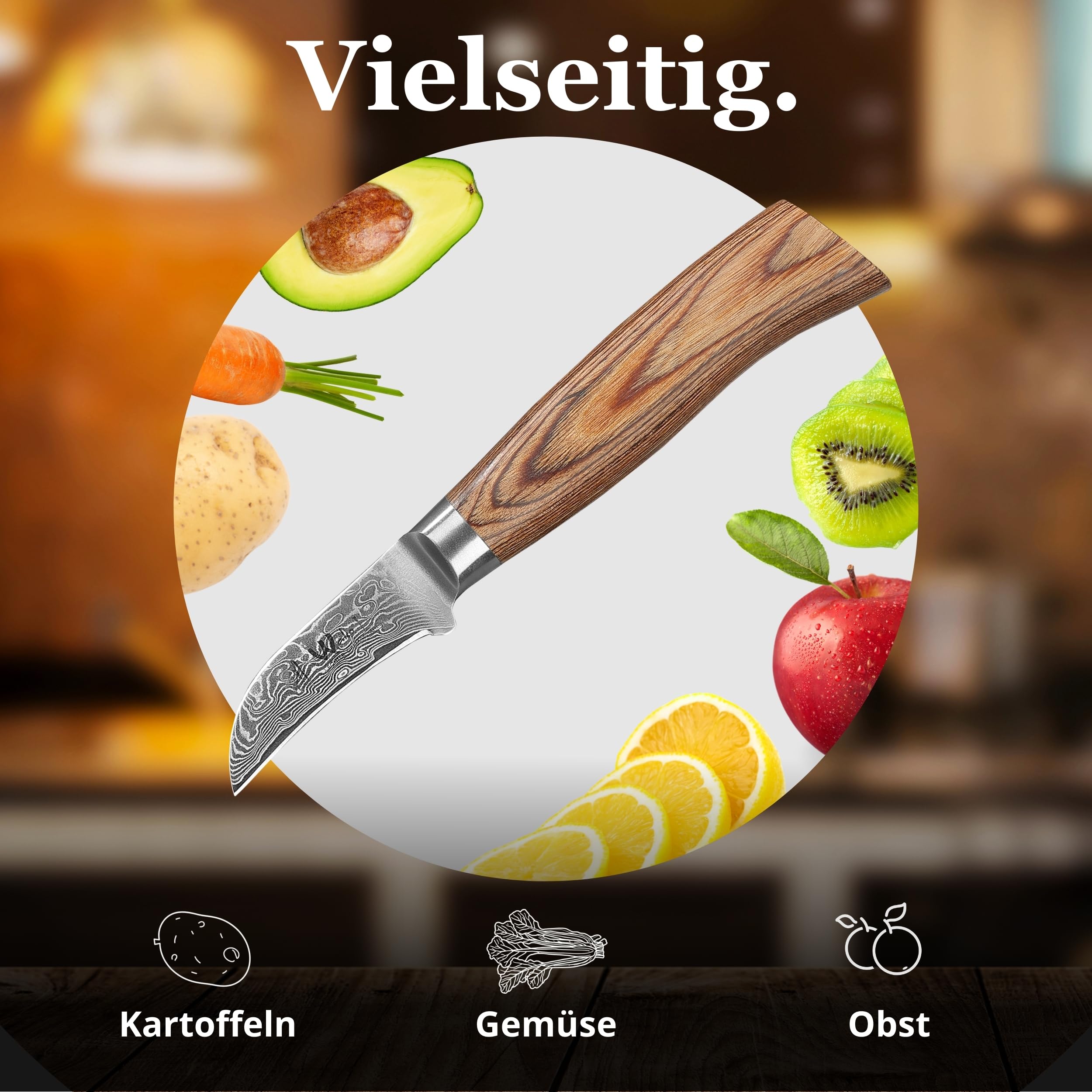 Wakoli EDIB Pro Schälmesser, 6 cm Klinge aus Damaststahl mit VG10 Kern