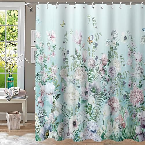 Miniatura 3 de Juego de cortinas de ducha verde azulado, cortinas de ducha de flores para baño, cortinas de ducha de tela impermeable, decoración de cortina de