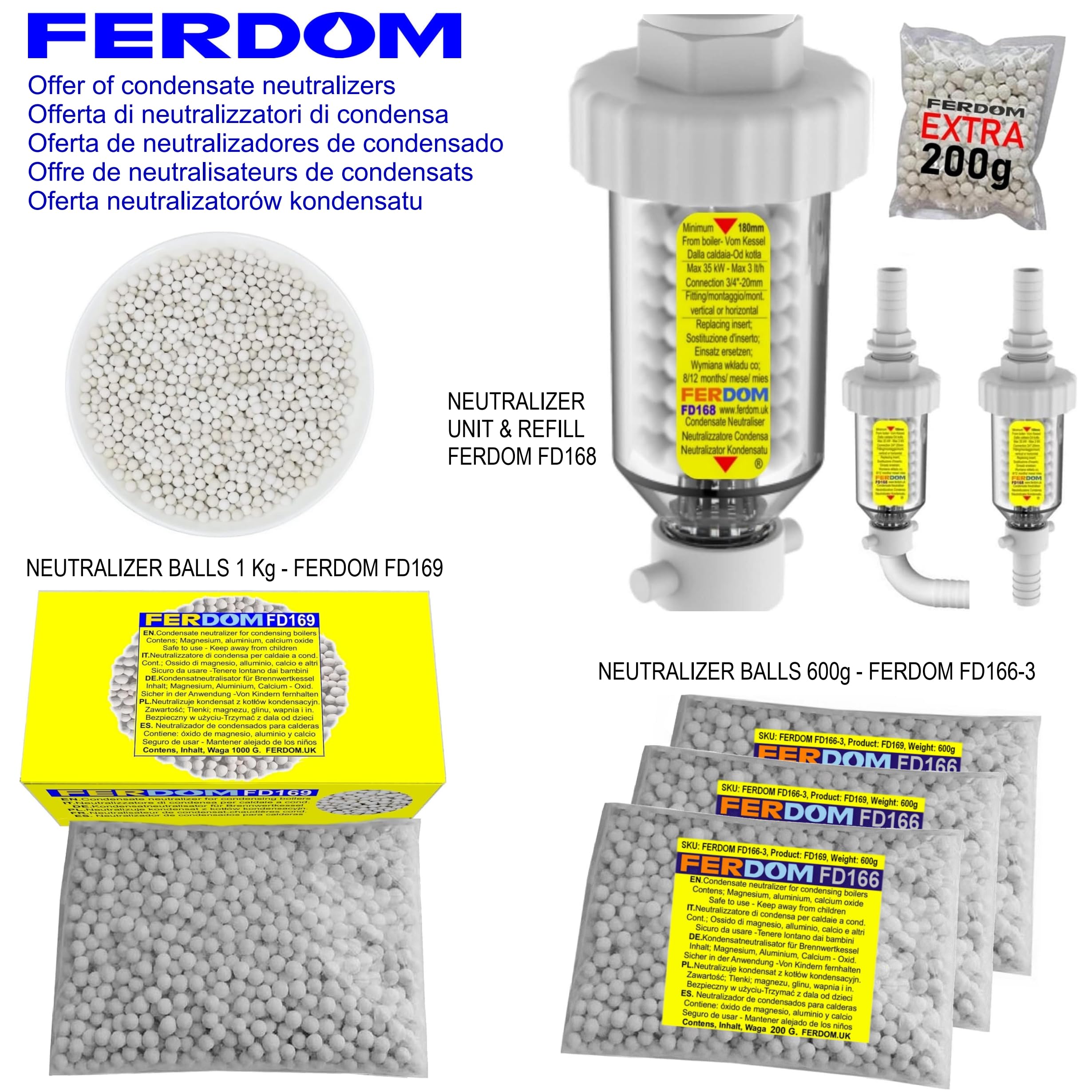 FERDOM FD168 Neutralizzatore Di Condensa Di Caldaia, Ricaricabile, Dimensione Mini. Per Le Caldaie A Condensazione Fino A 35 kW. Fissaggio Orizzontale O Verticale Al Tubo Di Condensa. Facile Fai-Da-Tè