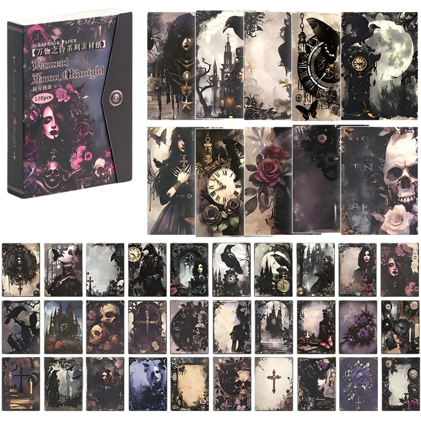 120 Pieces Scrapbook Paper Kit, Vintage Patterned Paper for Scrapbooking, Journaling, Decoupage, Card Making, Gift Wrapping, DIY Arts and Crafts Supplies, 5.51x3.94inches (Gothic)