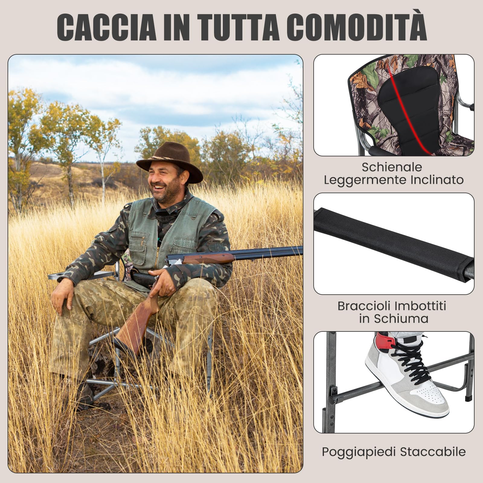COSTWAY Set da Caccia Pieghevole per Esterno, Sedili da Caccia con Braccioli e Schienale, con Poggiapiedi Rimovibile, Tavolino Laterale, Supporto Fino a 150 kg