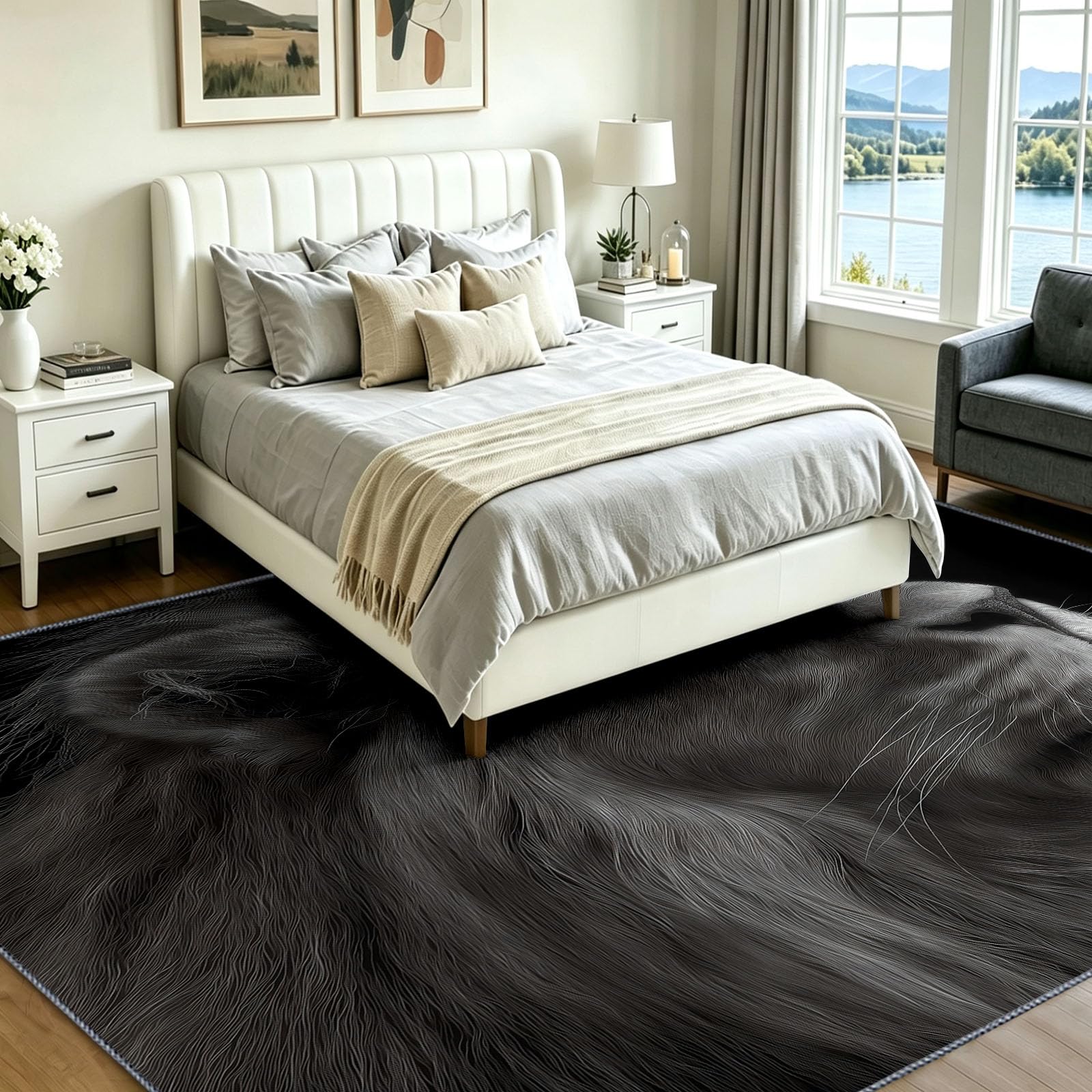 Minimalistyczny dywan do salonu, 140 x 200 cm, lew, czarno-biały, antypoślizgowy, niski runo, można prać, super miękki, przyjazny dla skóry dywan do przedpokoju, łazienki i jadalni