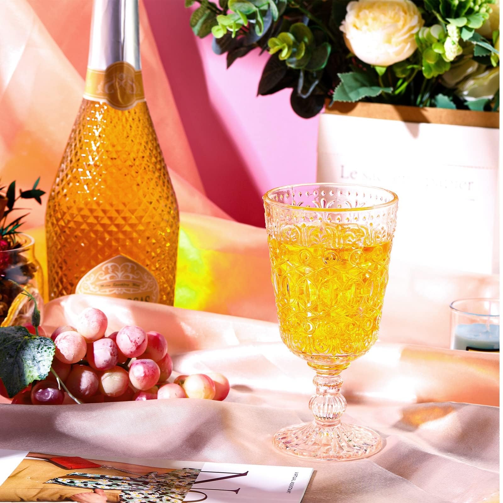 Copas de vino con relieve rosa Vintage, copas de tallo grueso resistentes for bodas, banquetes, ocasiones de aniversario, 6 uds. Vaso para bebidas