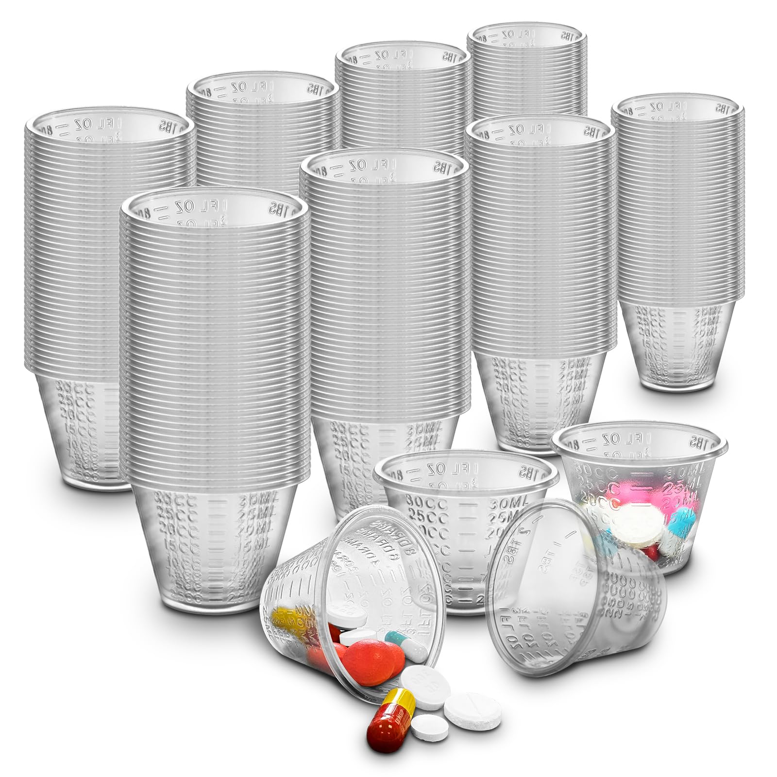 RE-GEN 30ml Clear Plastic Reusable Medicine Kitchen Graduated Measuring Pot Containers, 100 Cups Per Sleeve - 3 Sleeves (300 Cups)