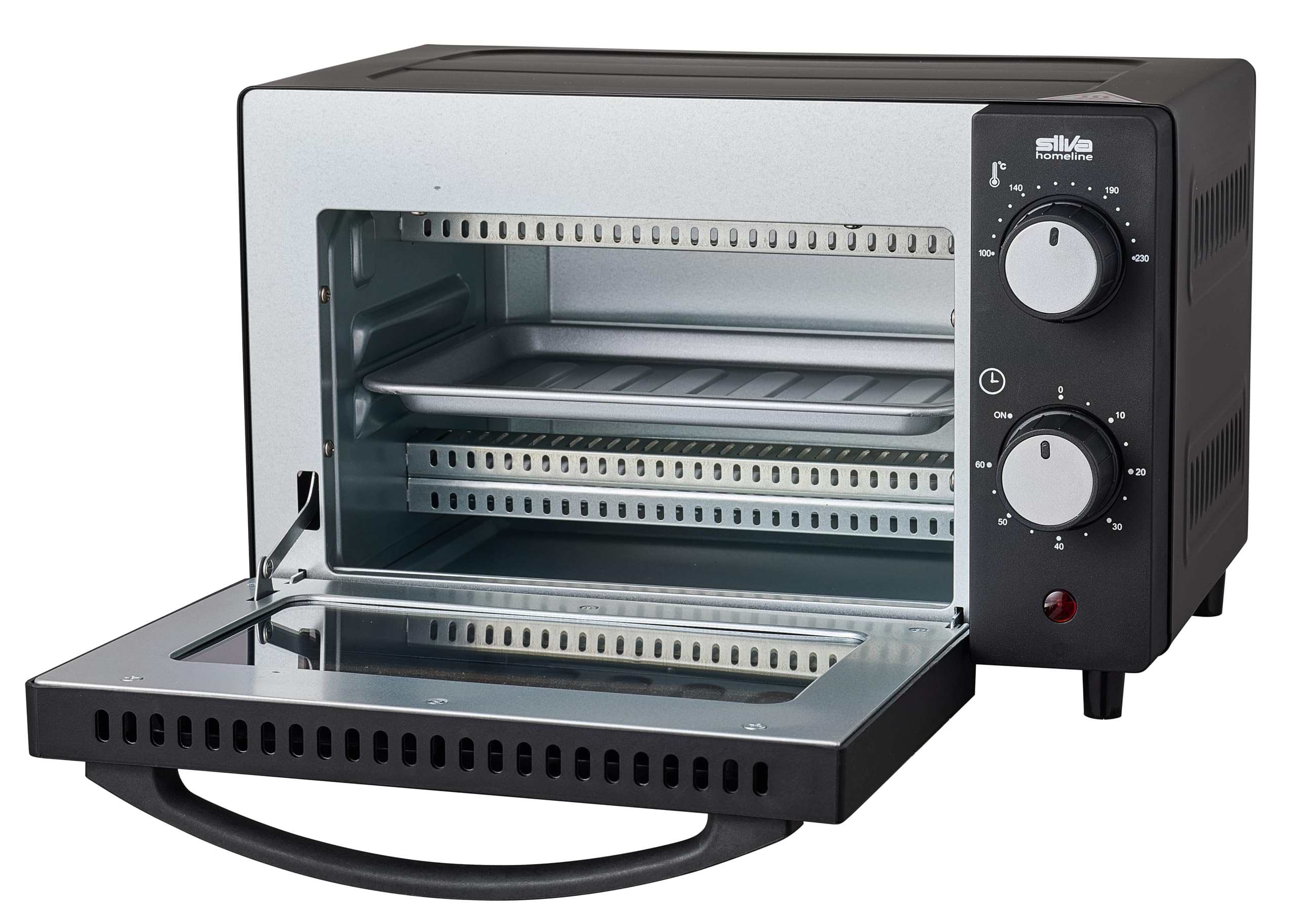 Silva Schneider Mini four MB 1000-10 l - Noir - 650 W - Réglage de la température de 100 à 230 °C - Minuteur avec signal de fin - Radiateur à quartz - Double porte en verre - Avec plat