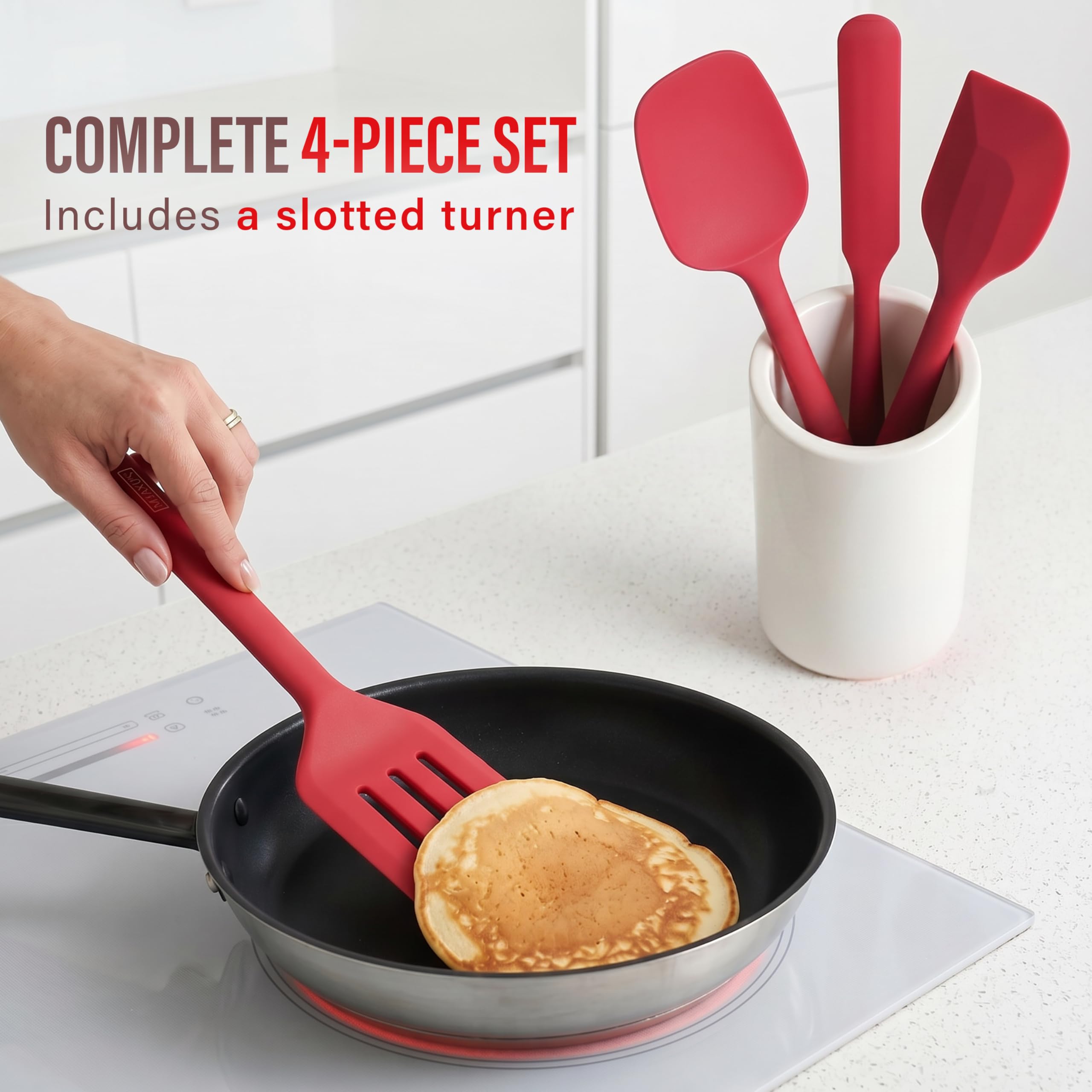MASUS Juego de 4 espátulas de silicona de goma con un volteador para sartenes antiadherentes, juego de espátulas de goma resistentes al calor 315.6 °C para hornear, espátula de plástico para cocinar