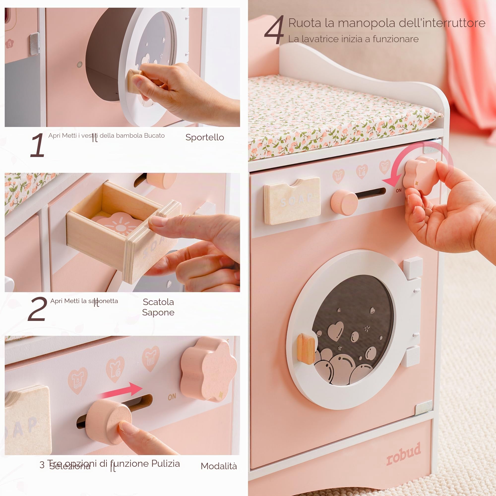ROBUD Fasciatoio per bambole in legno, fasciatoio per bambole 4 in 1 con lavatrice e sterilizzatore per biberon, custodia, accessori per bambole sotto i 20", regalo per bambini rosa