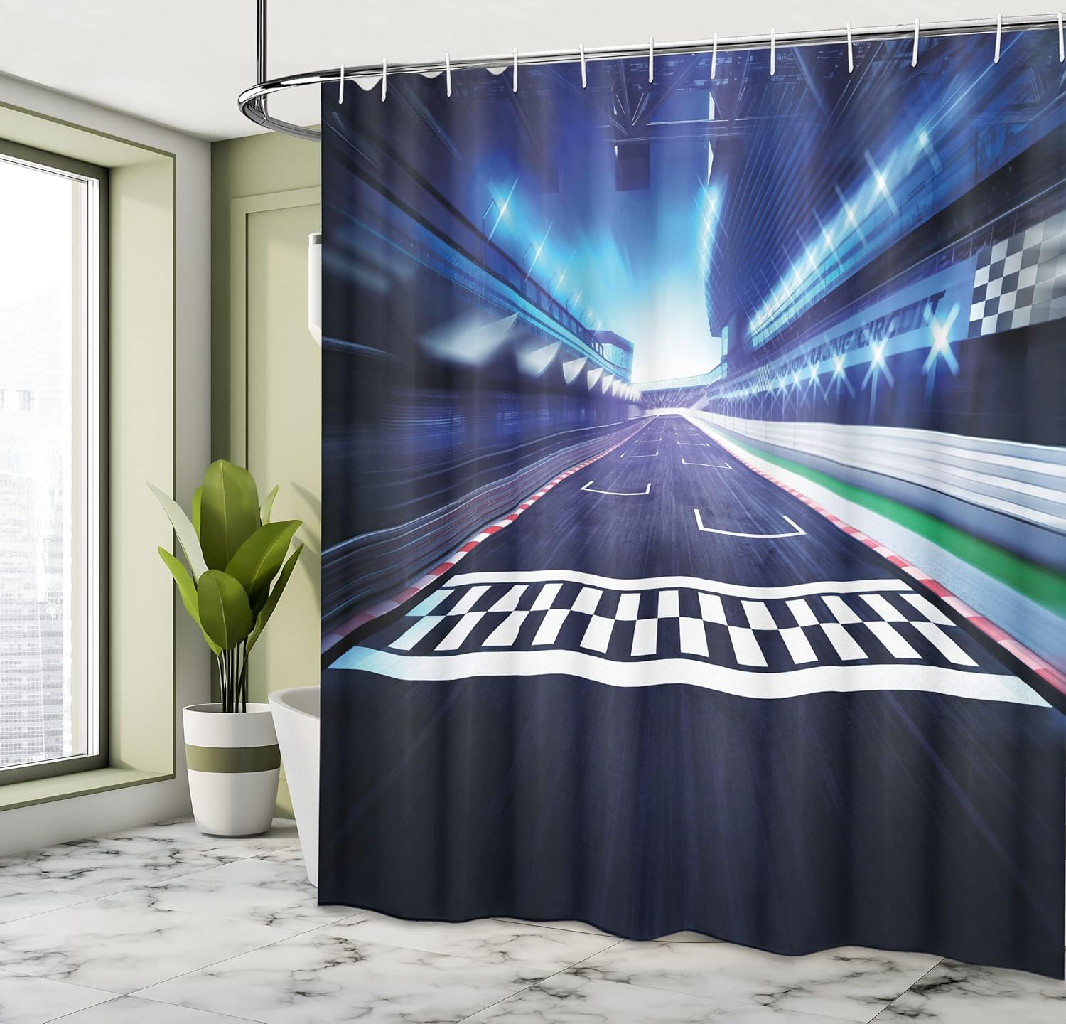 Ambesonne Man Cave Shower Curtain, Finish Line on Racetrack Motion Blur Motorsports Competition Stadium Concept Image, Cloth Fabric Bathroom Decor Set with Hooks, 69" W x 75" L, Multicolor