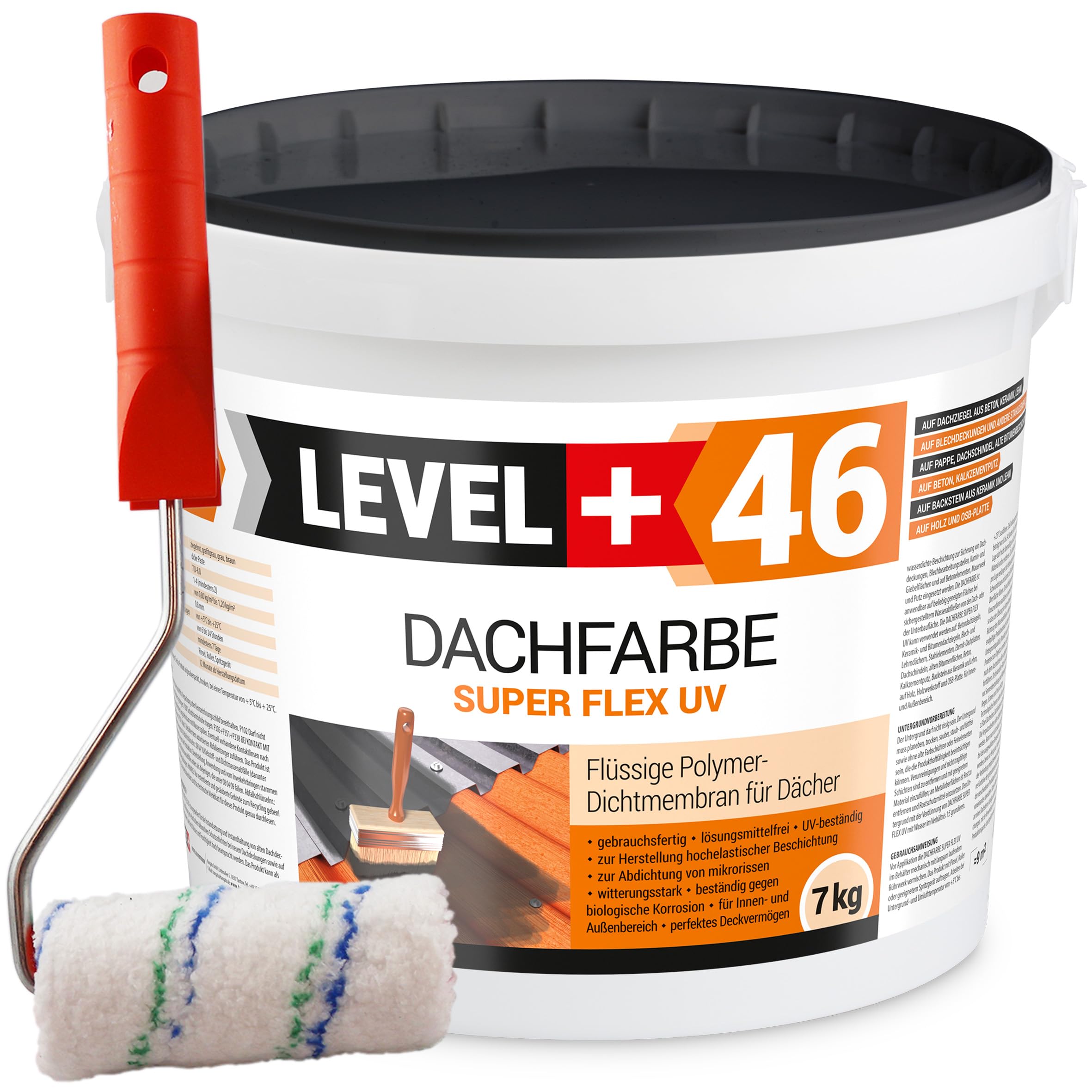 LEVEL+ RM46 - Pintura para tejado (7 kg, color marrón, revestimiento de techo, membrana de polímero flexible, resistente a la intemperie, incluye rodillo de 10 cm, microfibra con patillas