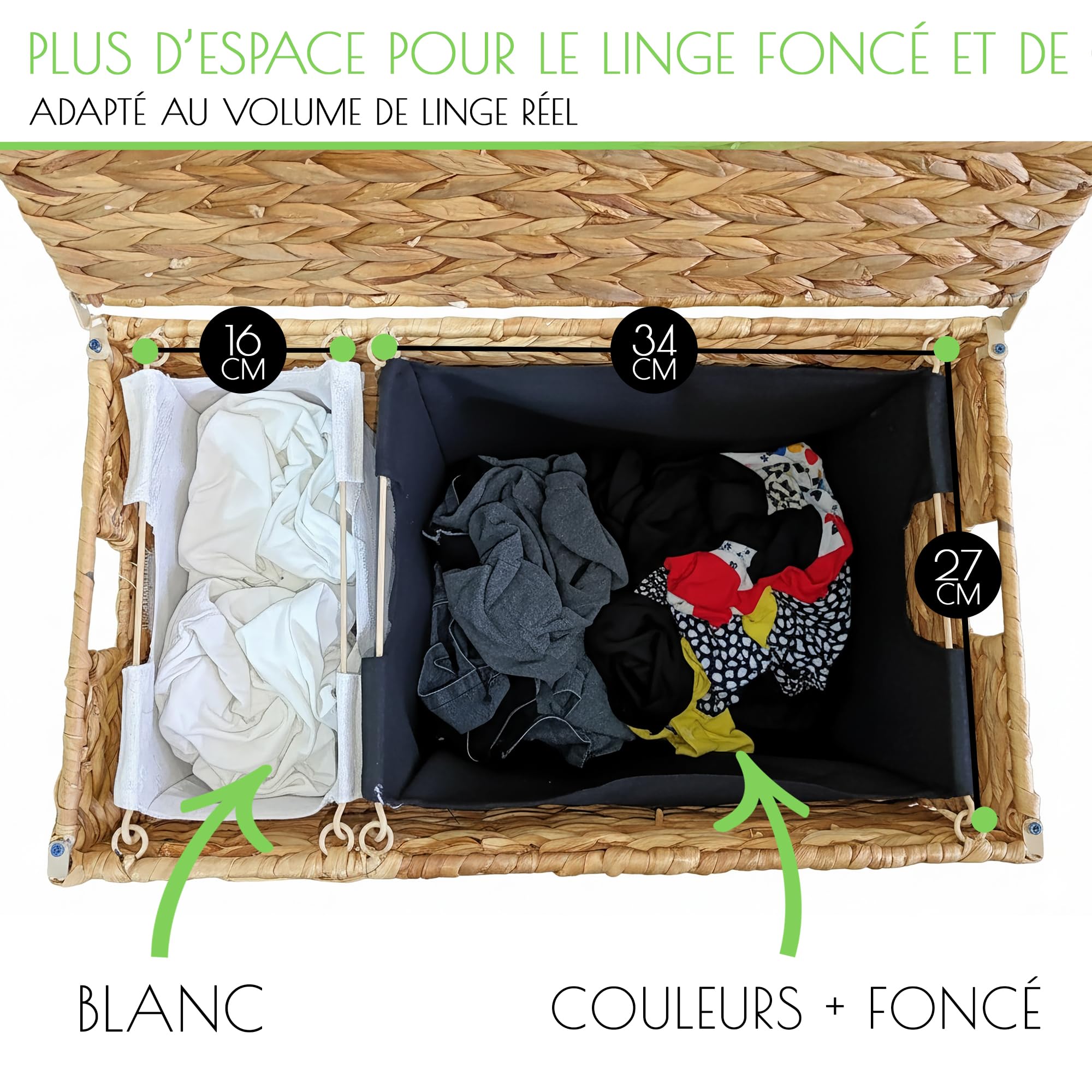 naturlik Panier à Linge 2 Compartiments (120L) – Trieur de Linge avec Sacs Amovibles & Couvercle – Jacinthe d'Eau Tressée à la Main – Corbeille à Linge pour Salle de Bain, Chambre & Buanderie – 58x34x